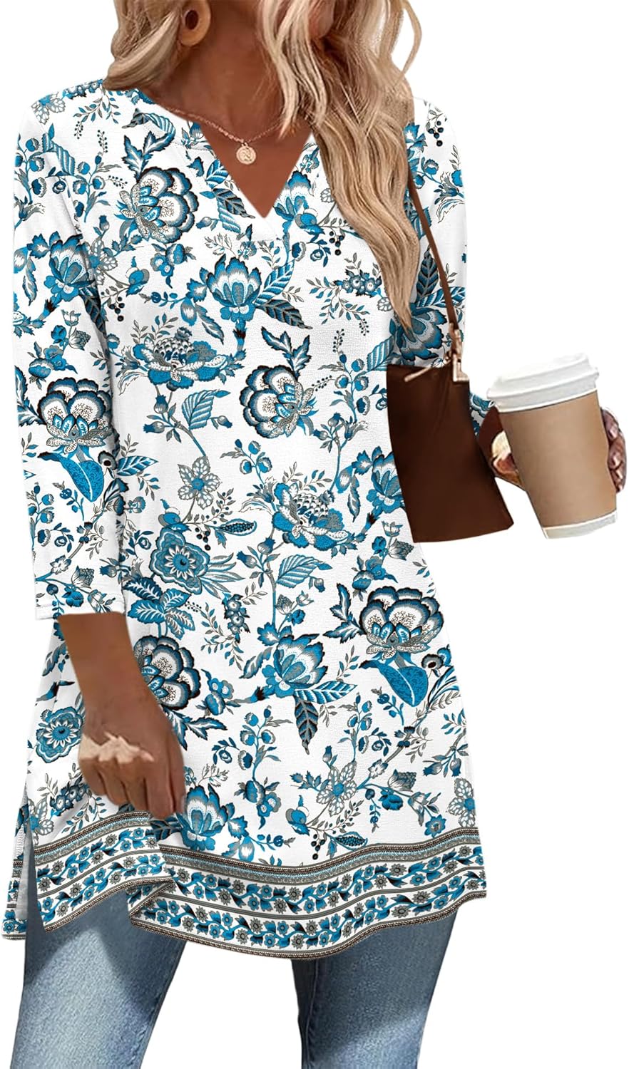 Ivicoer 3/4 Length Sleeve Womens Tops Dressy Casual Plus Size V Neck Tunics to Wear with Leggings Side Slit Shirt