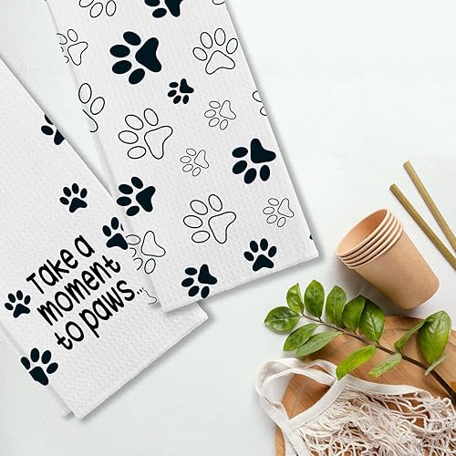 Miniatura 4 de Juego de 2 paños de cocina y paños de cocina con diseño divertido de patas de cachorro para perros, para decoración de cocina de granja, 24 x 16