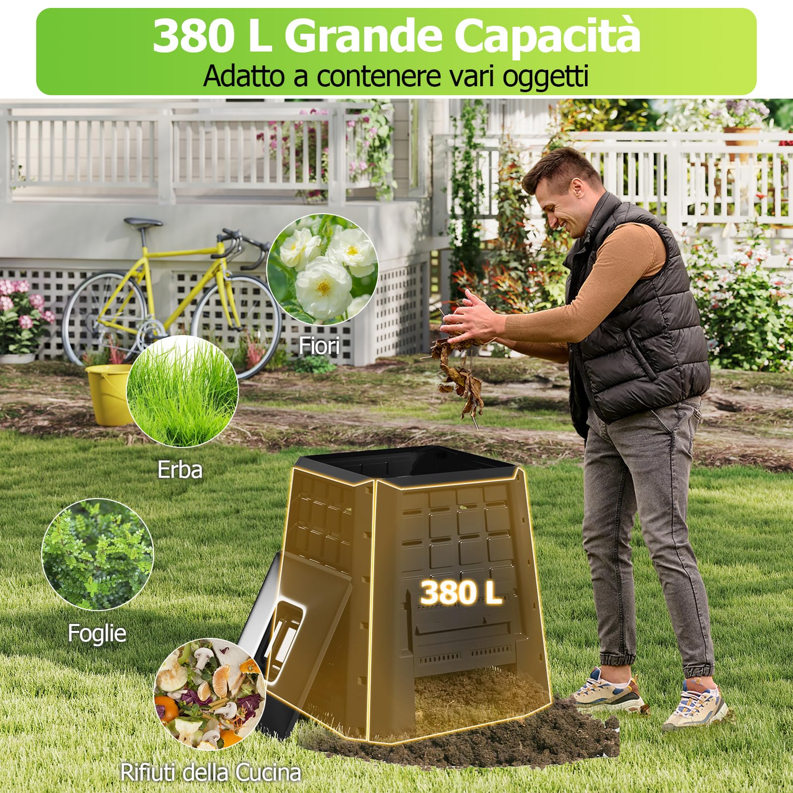 RELAX4LIFE Compostiera da Giardino da 380L, Contenitore per Compostaggio con Accesso Frontale, Ideale per Rifiuti da Giardino e Cucina