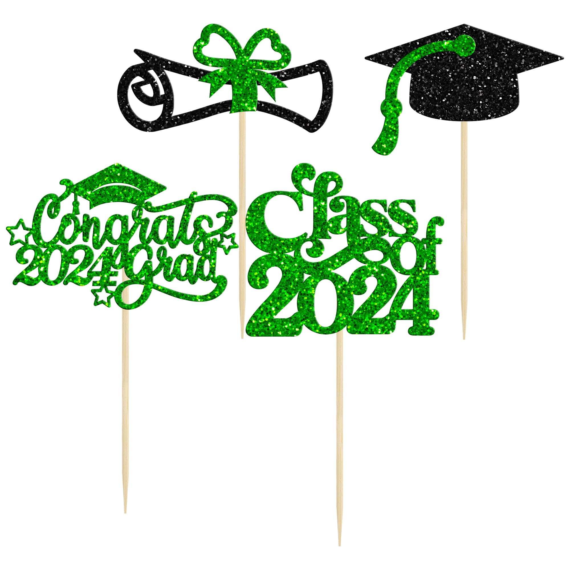 Gyufise 24Pcs Class of 2026 Cupcake Toppers Glitter 2026 Congrats Grad 2026 Cake Decorations Cap Diploma Cupcake Picks 2026 Graduation Theme Party Cake Decorations Supplies Green - Image 3