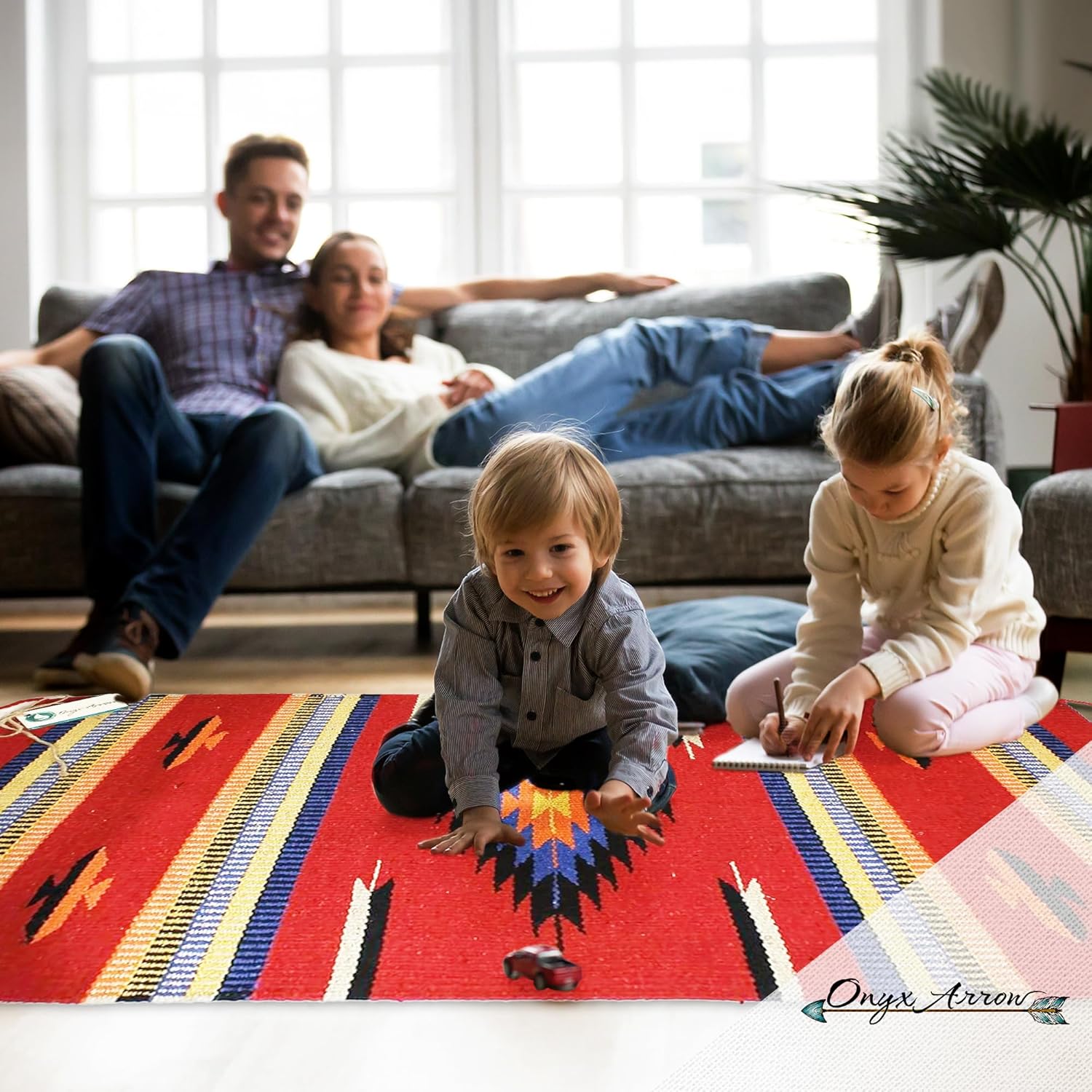 Southwest Area Rug - Washable Boho Rug - Indoor or Outdoor Rugs - Farmhouse Decor - Western Rugs for Living, Dining, Bedroom & More (Center Diamond, Red/Orange, 20 x 40 Inches)