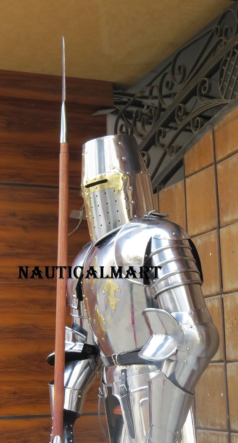 NAUTICALMART Crusader Knight Full Suit of Armour Templar Shield Display Stand Wooden Armour Medieval Costume