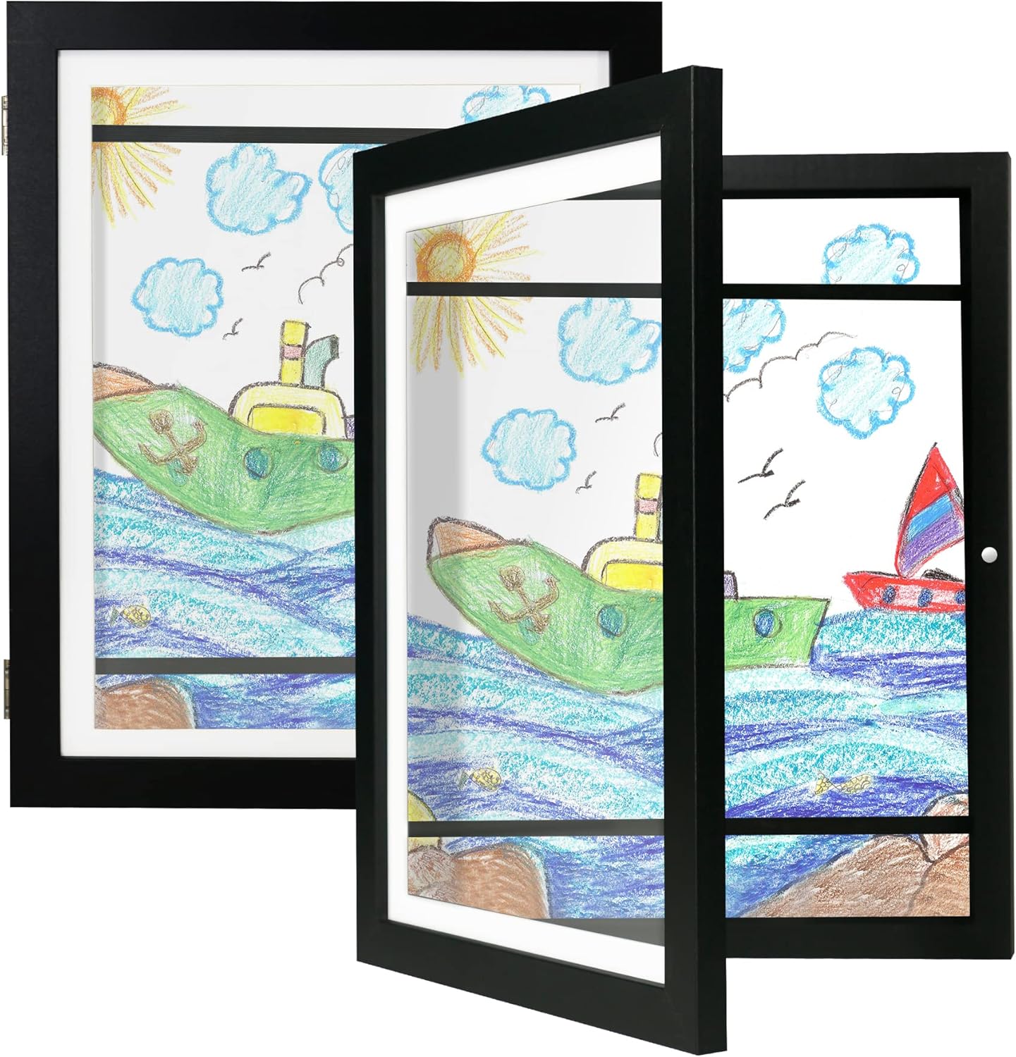 Kids Art Frames 8.5x11 Set of 2 - Front Opening Childrens Picture Frame Changeable, Wood Artwork Display Storage for Wall Mount, Magnetic Door Holds 50 Art Pieces for Drawings, 3D Picture, Crafts, Portfolio, Black