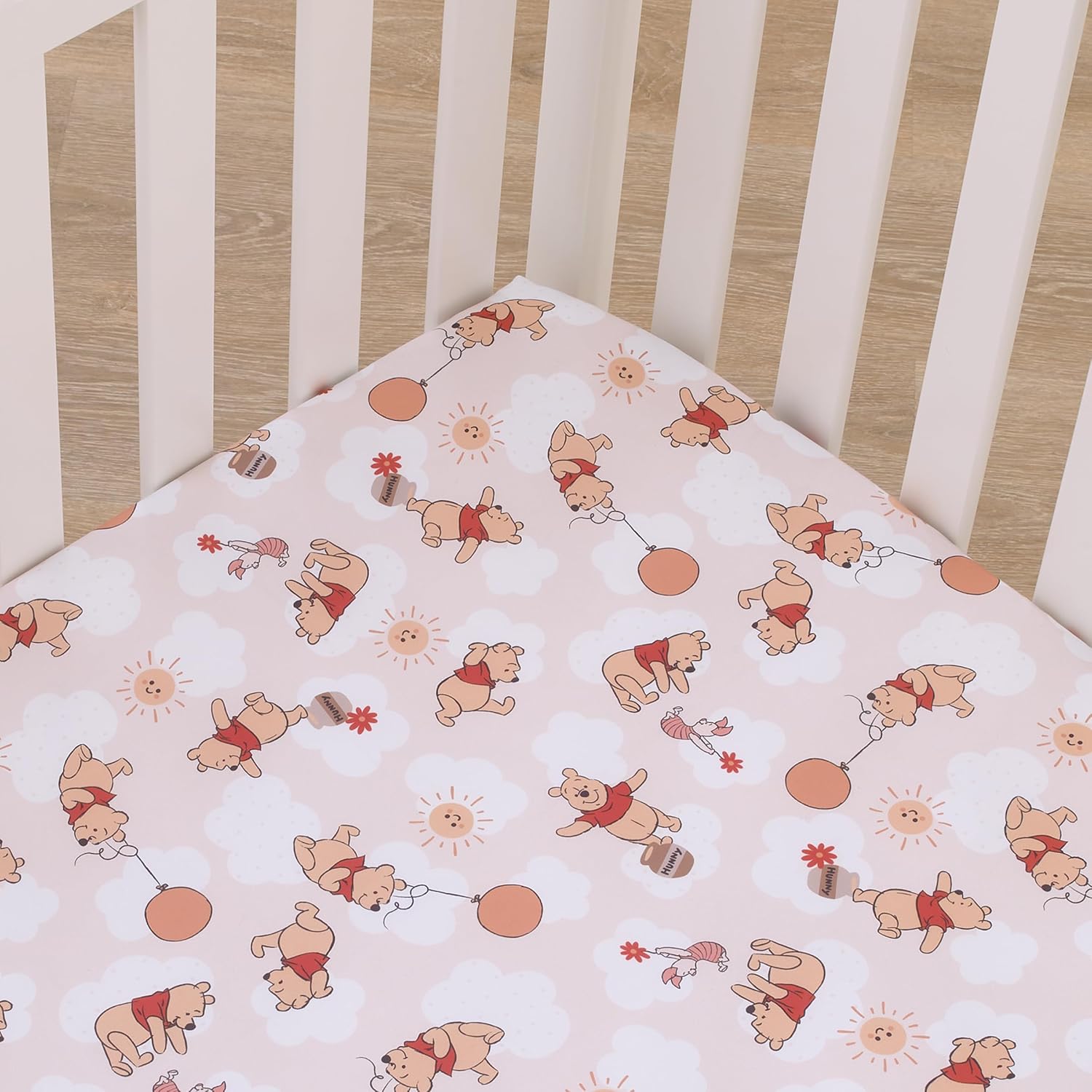 NoJo Disney Winnie The Pooh Tan, Red, and White Piglet, Balloons, and Hunny Pots Super Soft Nursery Fitted Crib Sheet