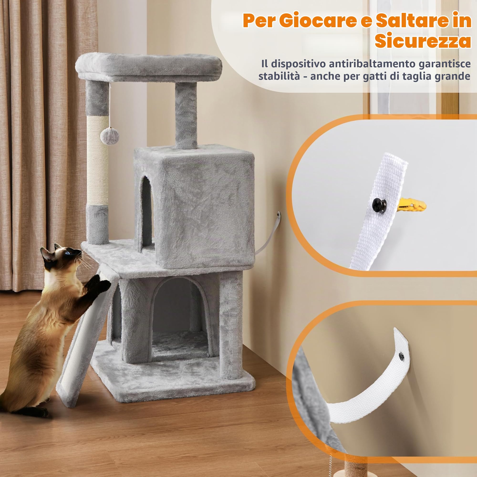 Yaheetech Tiragraffi Albero per Gatti con Trespolo Grande 106 cm Gioco Giocattolo per Gatti Grigio Chiaro | truciolato certificato FSC, salvaspazio, cinghia anti-ribaltamento, centro per affilare gli artigli, ampio spazio per dormire