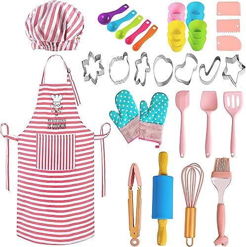 Real Kids - Juego de 38 piezas para hornear y cocinar, incluye delantal para niños y sombrero de chef, utensilios para hornear, kits completos de