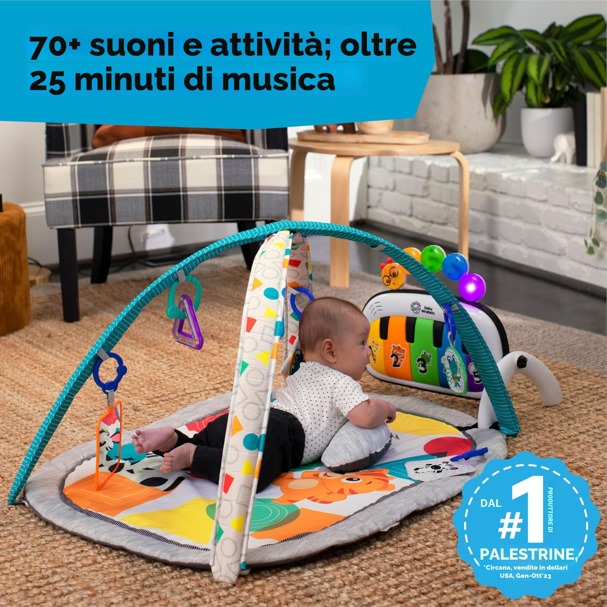 Baby Einstein, Palestrina Multiattivita Musicale per Bambini Kickin' Tunes 4in1 con Pianoforte, 70+ Suoni, 25+ Minuti di Musica e Luci, Arco di Gioco, 7 Giocattoli Rimovibili, 4 Lingue, per Neonati