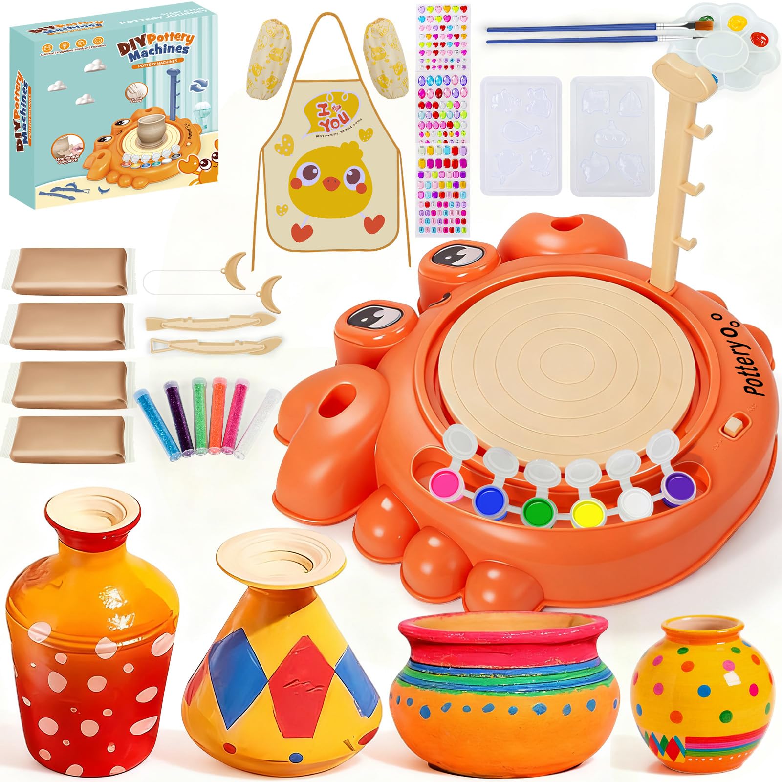 Kit Cerámica para Niños, Torno Alfarero Eléctrico, Arcilla, Colores, Delantales, Adecuado para Niños Mayores de 6 Años y Principiantes