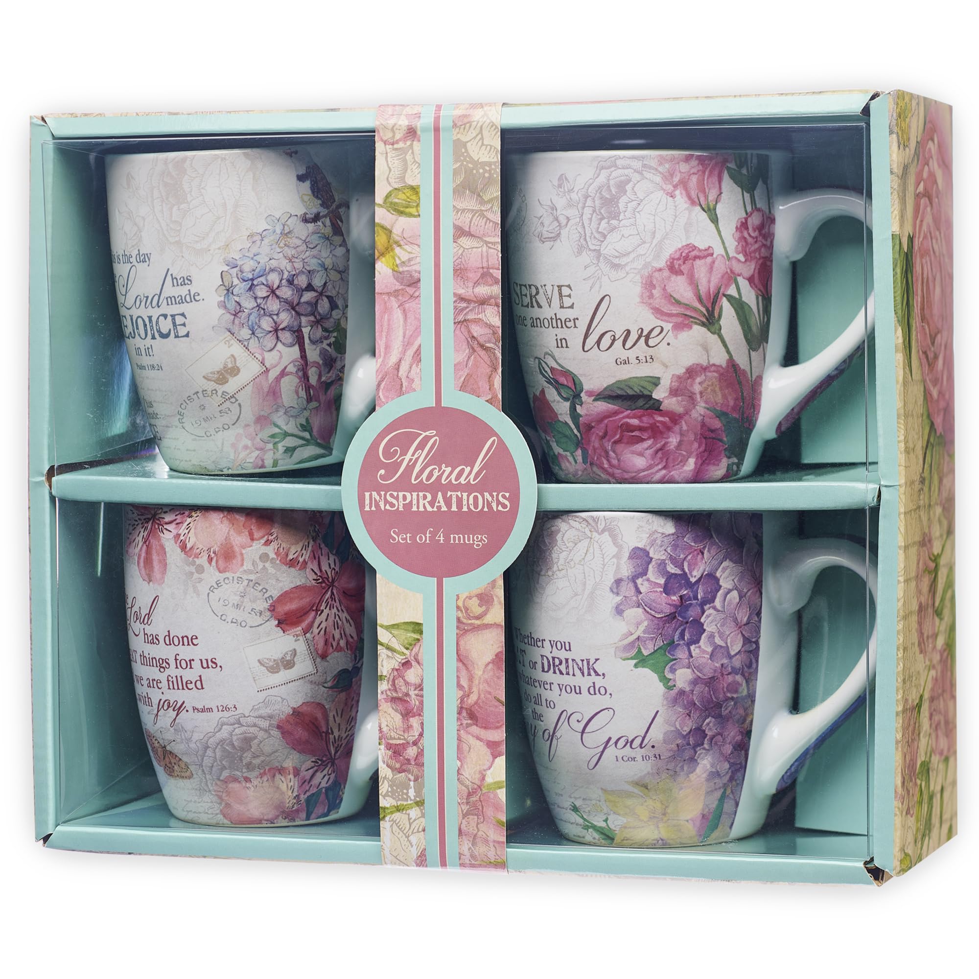 Christian Art Gifts Ceramic Coffee/Tea Mug Set for Women | Vintage Botanic Floral Inspirations Design Bible Verse Mug Set | Boxed Set/4 Coffee Cups