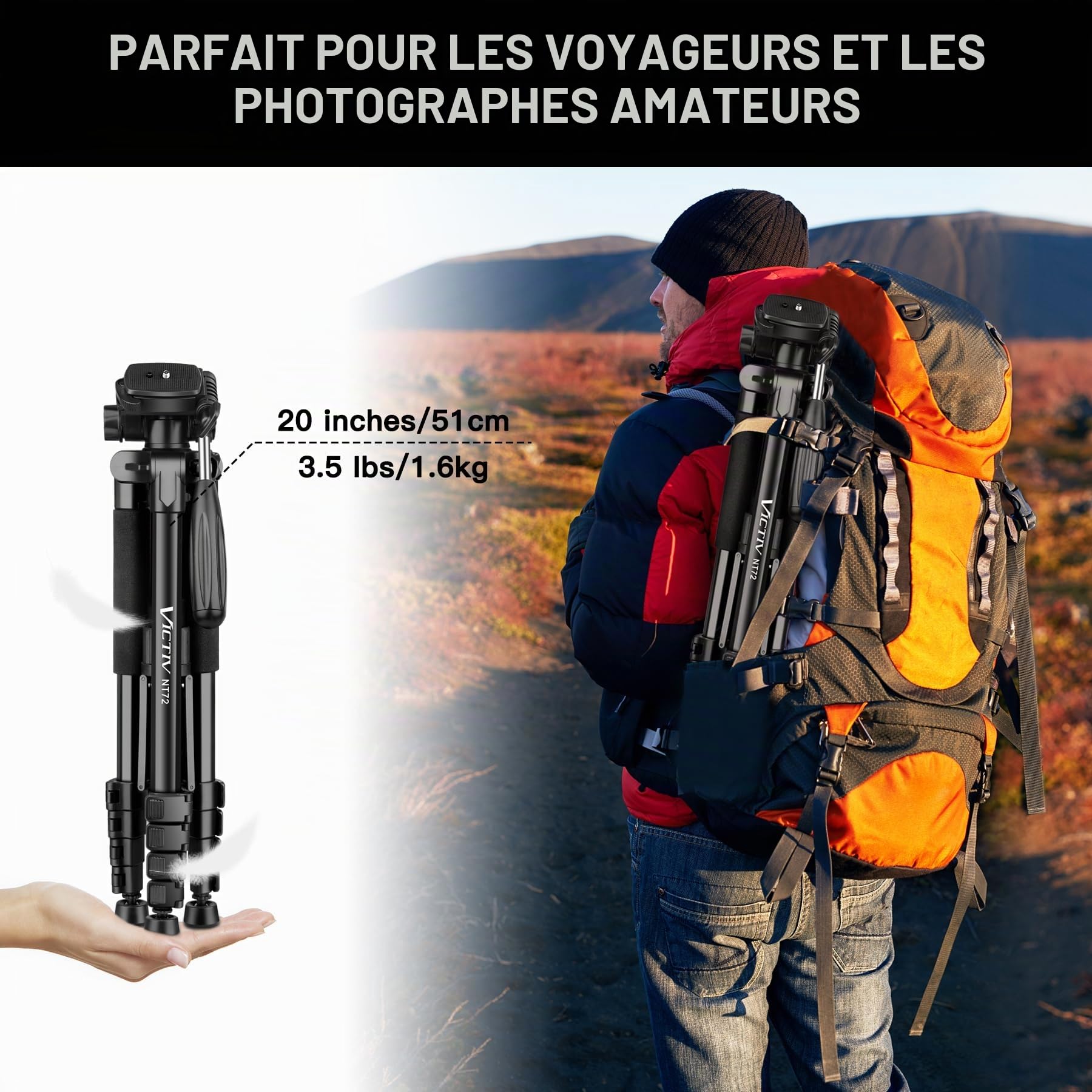 Victiv Trépied en aluminium T72 pour appareil photo - Hauteur maximale : 182 cm - Léger et compact - Avec tête pivotante à 3 voies et 2 plaques de dégagement rapide pour prise de vue vidéo DSLR - Noir