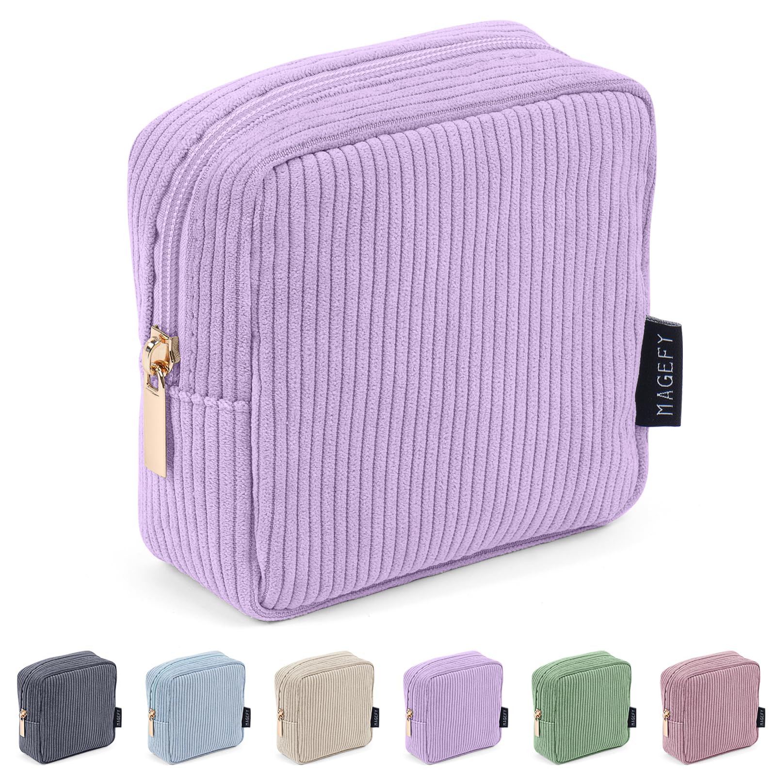 MAGEFY Small Makeup Bag for Purse Mini Cosmetics Bag Corduroy Cute Cosmetic Pouch for Women with Slip-in Pockets