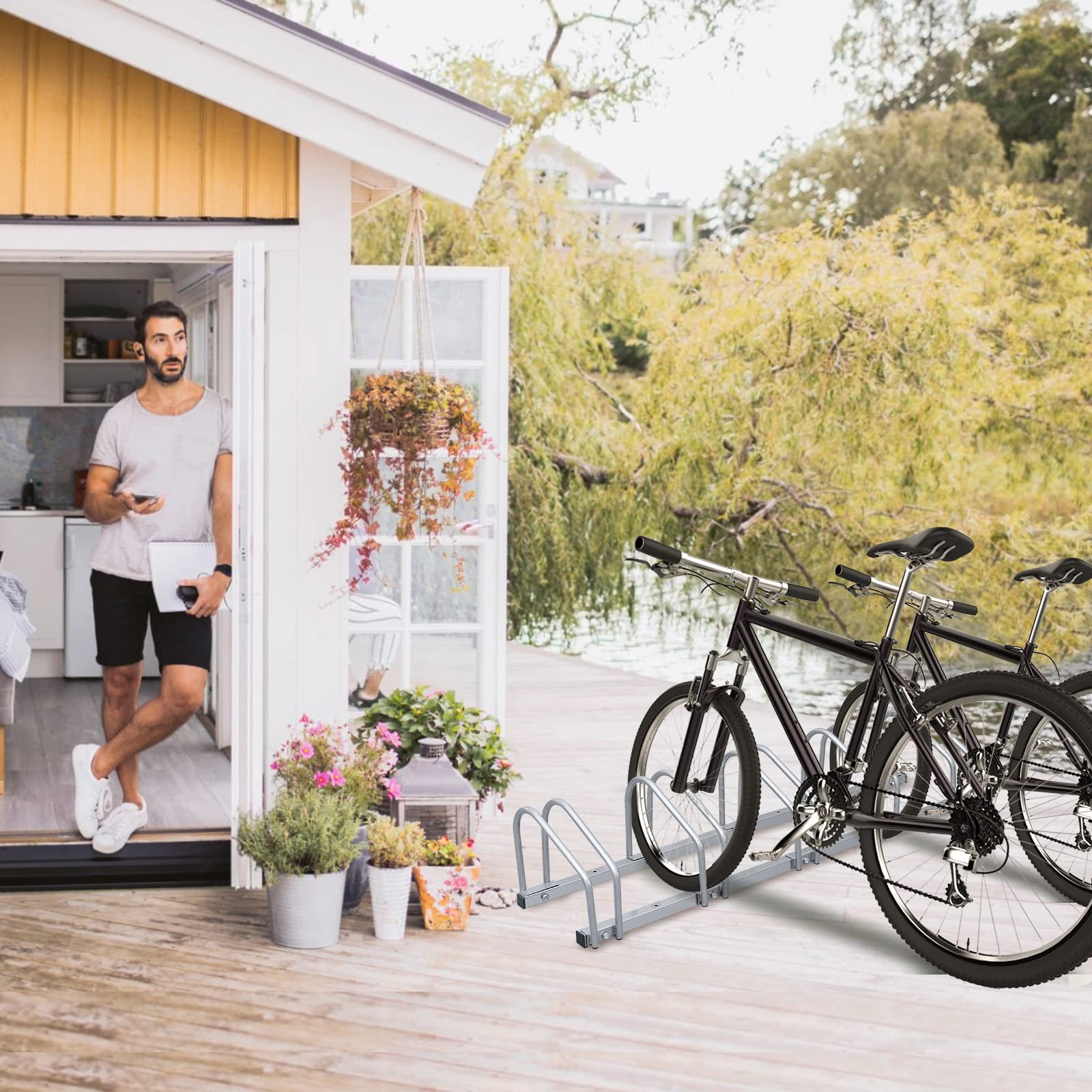 Fahrradständer 5 Fahrräder, Sicherer Radständer auch für Mountainbikes und E-Bikes, Boden- oder Wandmontage, Mehrfachständer Stahl für Garage und Garten,130x32x26cm Silber
