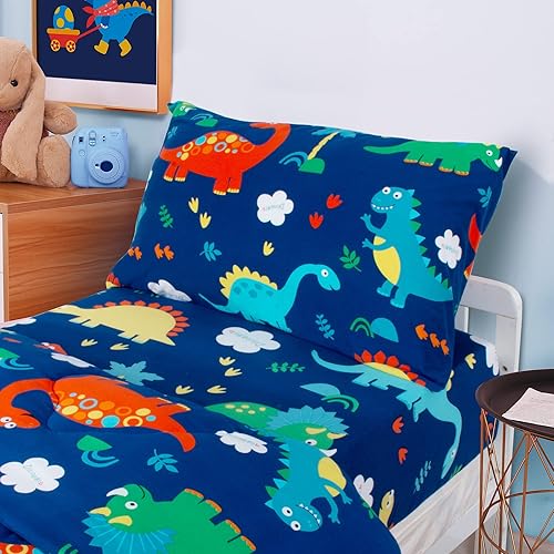 Miniatura 6 de Cloele Juego de ropa de cama de dinosaurio para niños pequeños juego de cama de 3 piezas para niños incluye edredón acolchado reversible sábana