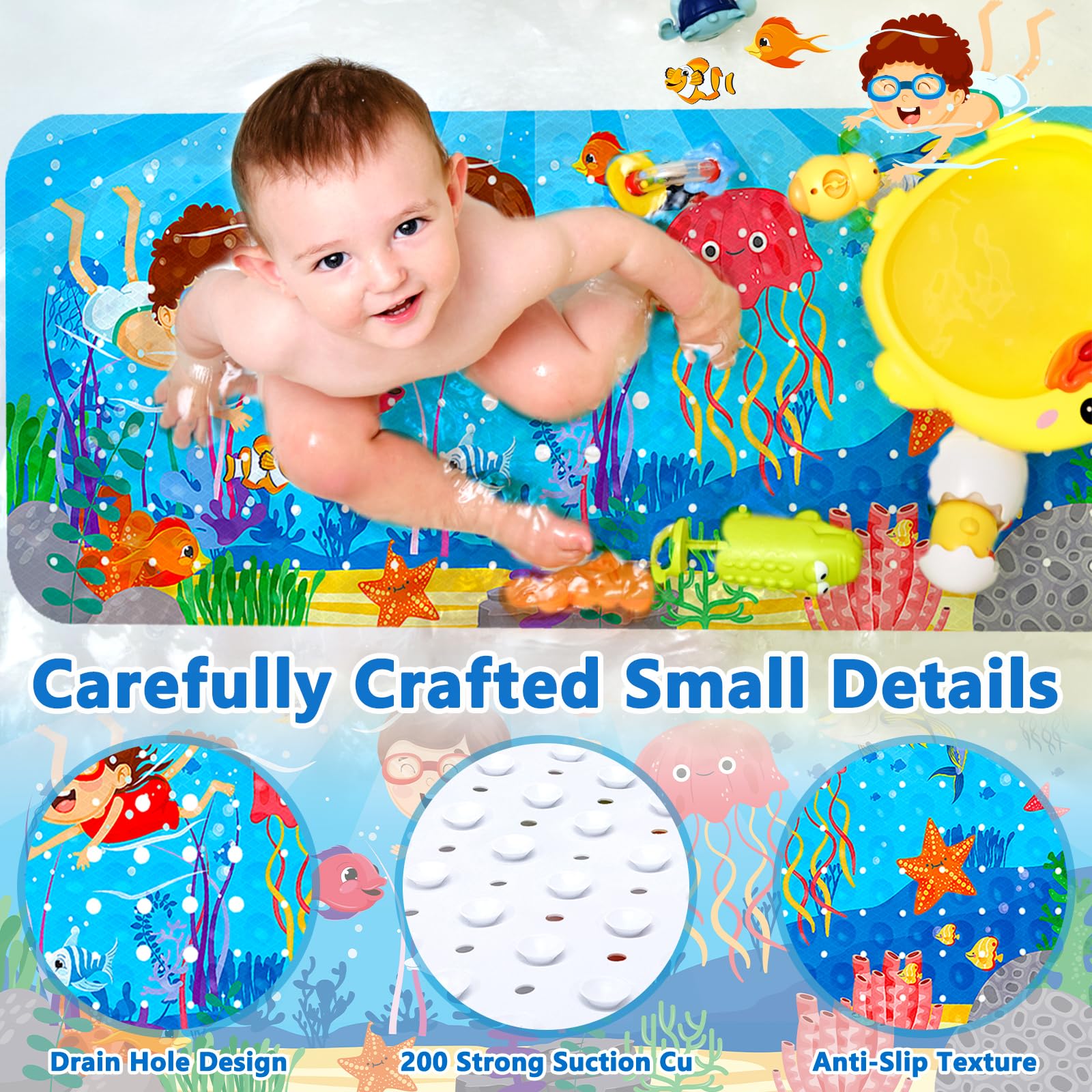 Tappeto Vasca Antiscivolo Bambini,Tappetino Doccia Antiscivolo,100x40cm Tappetino Vasca Antiscivolo Bambini da Bagno,Tappetino Antiscivolo per Vasca da Bagno, Modello Animale Marino.