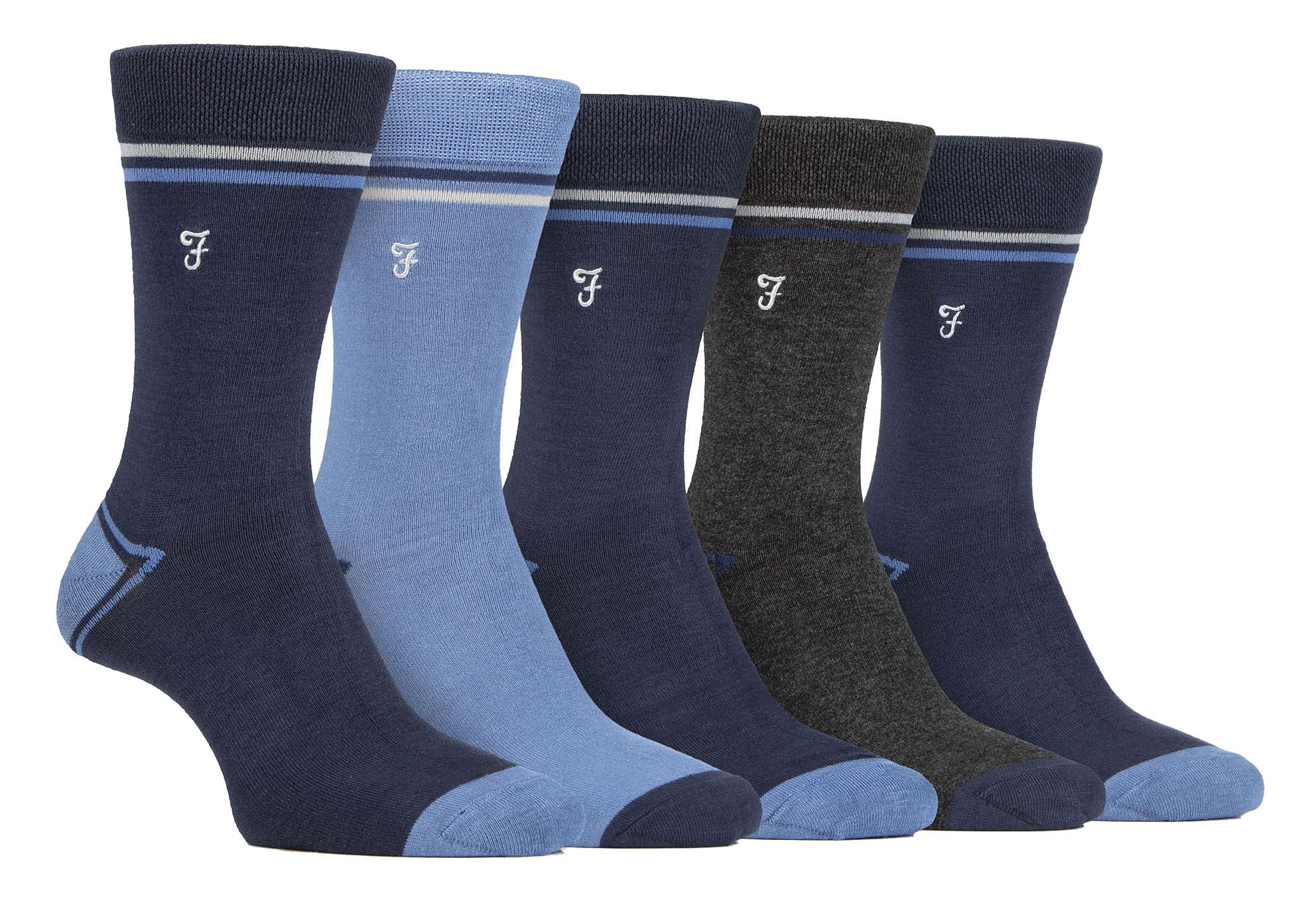 Farah - Mens 5 Pack Natural Organic Bamboo Bright Striped Patterned Socks (6-11, Navy Blue)