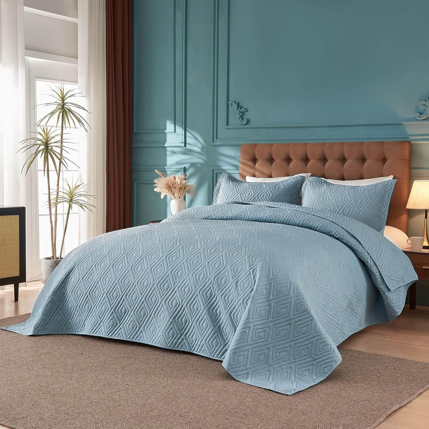 Oversized King Bedspreads 128x120 for Split Adjustable Bed or Extra Large/Tall Cal King or King Bed Lightweight Quilted Coverlet Sets 1 Quilt 2 Pillow Shams Blue - Image 4