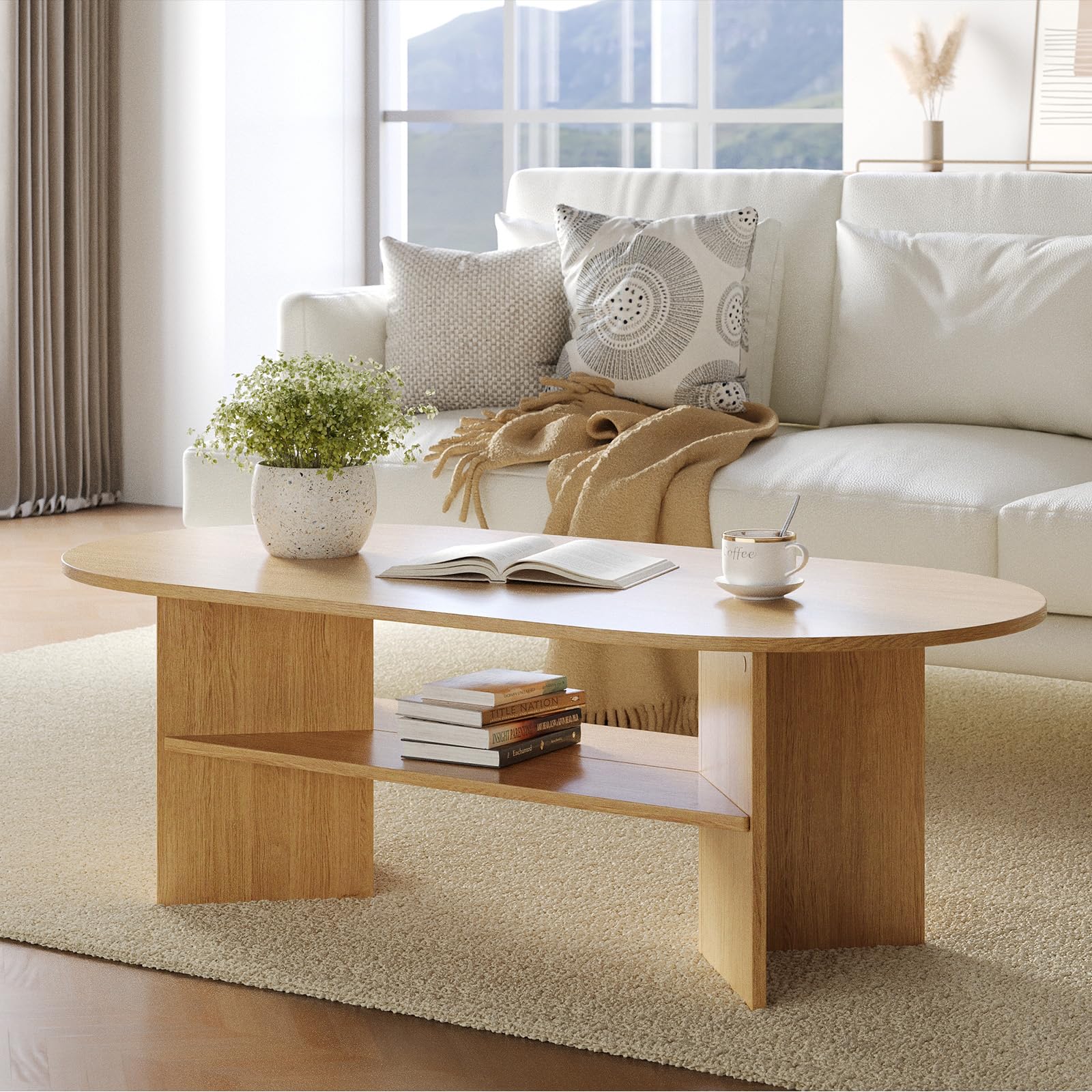 YOUDENOVA Couchtisch Ovaler Beistelltisch Holz Modern Wohnzimmertisch Coffee Table Klein Tisch für Wohnzimmer Natur Eiche 120 x 60 x 40 cm