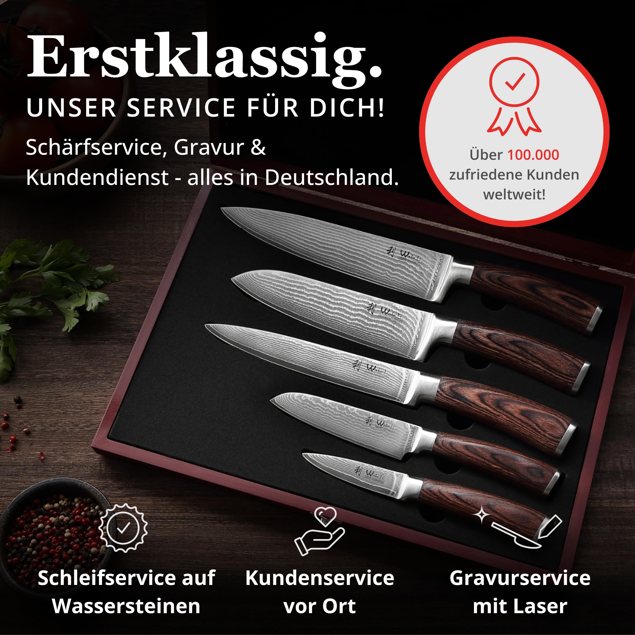 Wakoli EDIB Damastmesser Set (5-teilig) Küchenmesser Set aus 67 Lagen Damaststahl mit VG10-Kern, Pakkaholzgriffen, extrem scharfe Kochmesser, Chefmesser, Santoku, Fleischmesser, Gemüsemesser - Holzbox