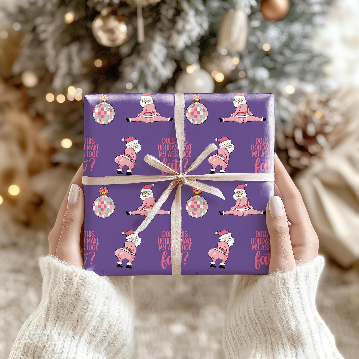 PlandRichW Funny Christmas Wrapping Paper- Sassy Does This Holiday Make My Ass Look Fat?, Disco Balls & Pink Santa Design - 40×28 Inch Gag Xmas Gift Wrap, 4 Folded Sheets for Adult Women,Men image 3