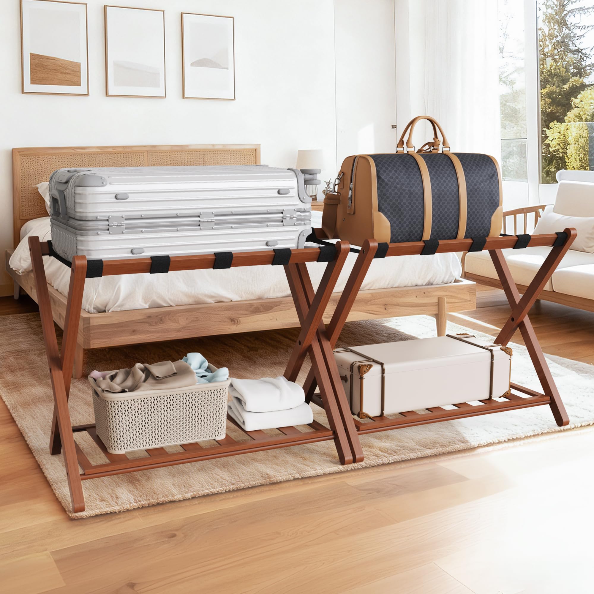 Luggage Rack Set of 2, Luggage Rack for Guest Room, Bedroom, Hotel - Natural Bamboo Suitcase Stand, Foldable with 2 Layers, up to 165 lbs - Fully Assembled Luggage Stand 2 Pack(Walnut)
