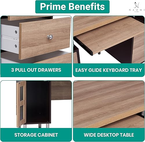 Miniatura 13 de Naomi Home Armario de archivos de 3 cajones, escritorio para computadora de oficina con bandeja para teclado, escritorio de madera de dos tonos con