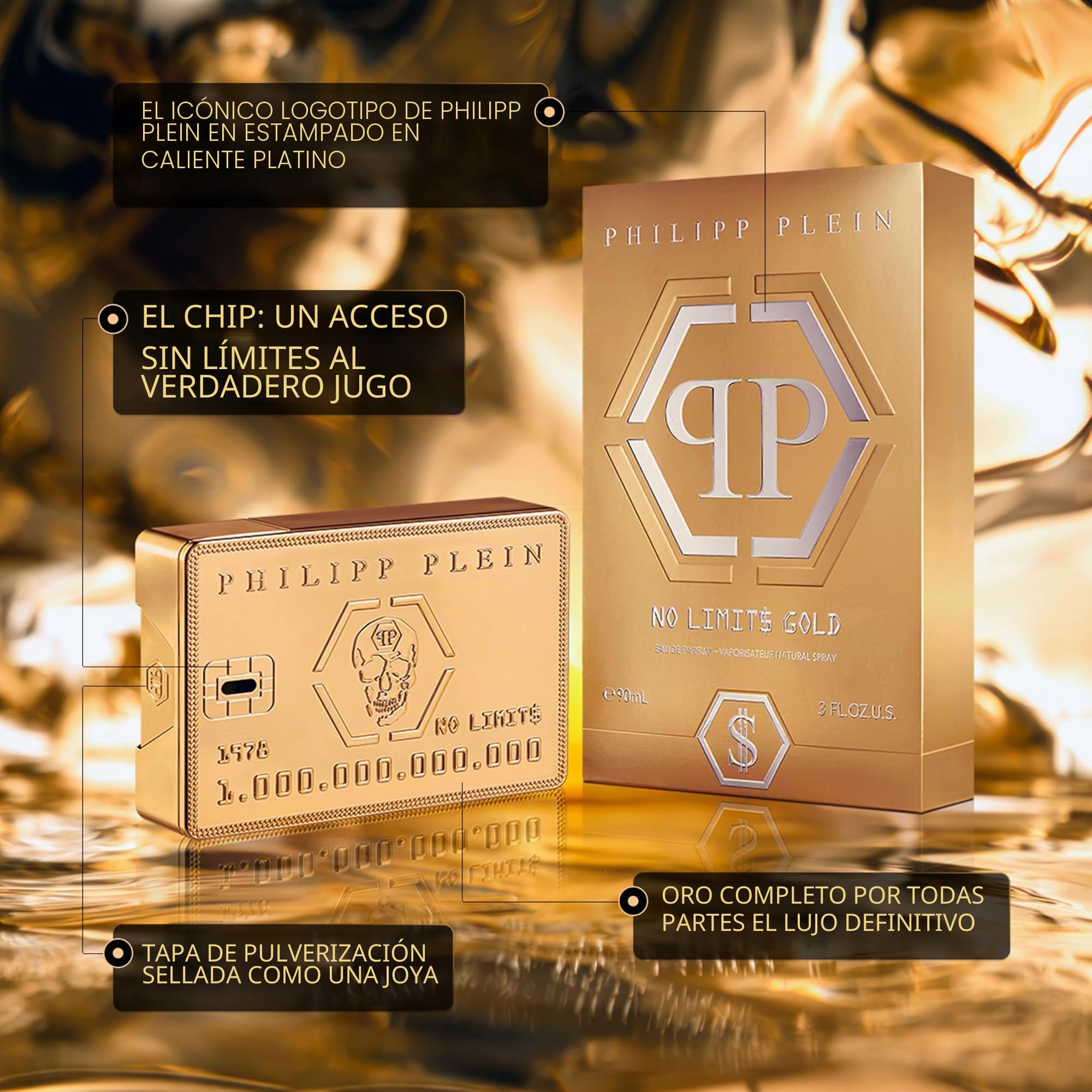 Philipp Plein No Limits Gold 50 ml, Eau de Parfum para Hombre | Notas Amaderadas y de Ámbar, Una Fragancia Audaz y Opulenta, Amaderada Ambarina, Botella de Vidrio Lacado en Oro