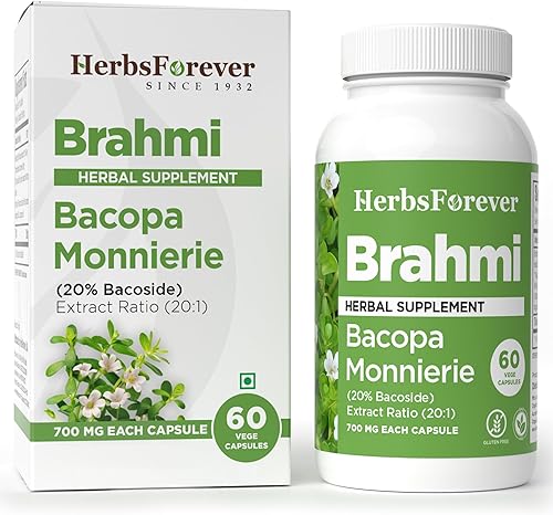 Herbsforever Cápsulas Brahmi  Bacopa Monnieri  Bacoside 30% a 35%  Suplemento para aliviar el estrés  60 cápsulas vegetales  800 mg cada uno