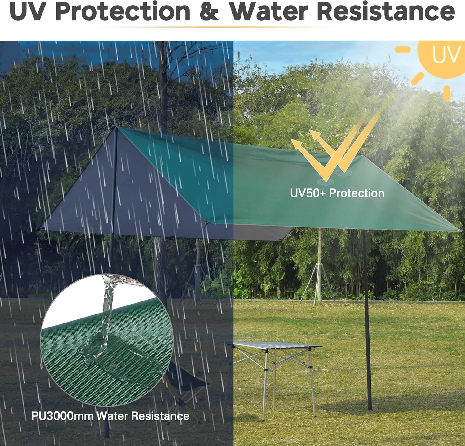 Yescom Hammock Rain Fly Waterproof Tent Tarp, 210D Oxford, UV Protection and PU3000mm Lightweight Shelter Canopy Including Accessories for Camping, Backpacking and Outdoor Adventure (Green-10x10FT)