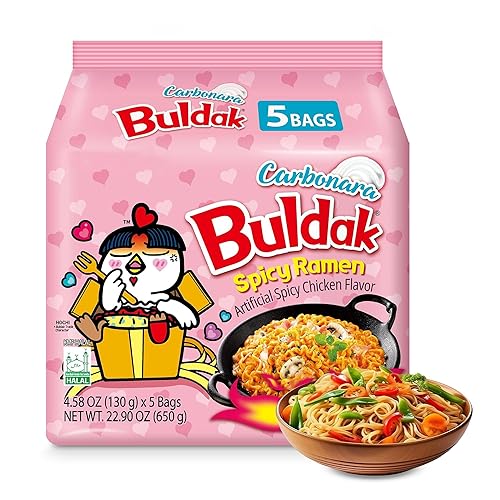 FERRIS | Buldak Spicy Hot Chicken Ramen Noodles - Limited Edition Fried Korean Carbonara Buldak Noodles Carbo Flavour Spicy & Creamy – Stir Fry/Chicken Noodle Soup – Pack of 5 (130g each) - Pack of 5