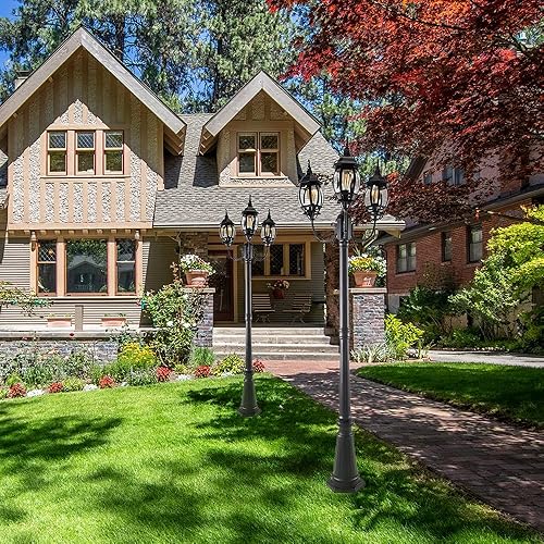 Miniatura 5 de LUTEC Poste de luz LED para exteriores con triple cabezal, luces de calle vintage cableadas para césped, patio, camino, jardín, poste de luz negro