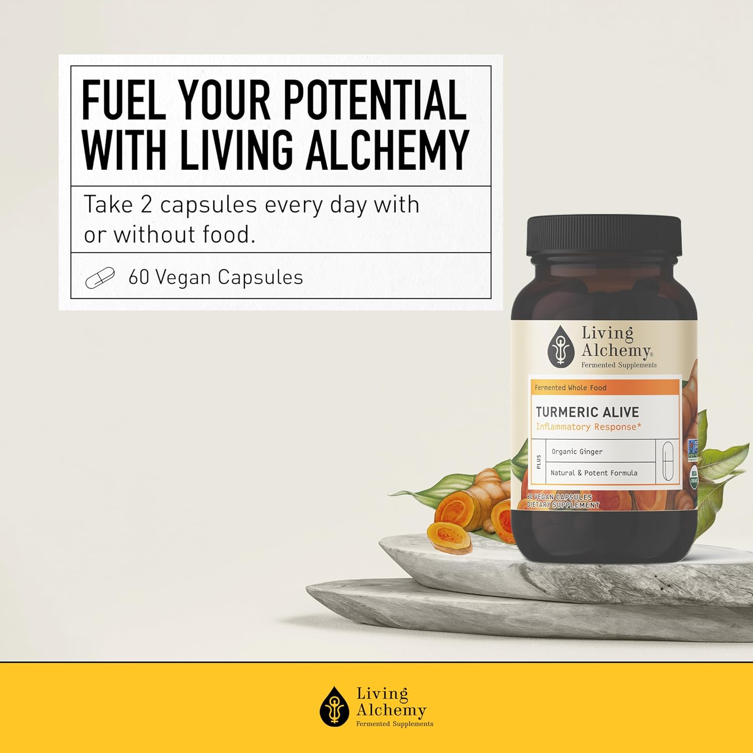 Living Alchemy Turmeric & Ginger Supplement - Fermented Turmeric Capsules for Gut, Mobility, & Joint Support - Natural Herbal Supplements - Vegan, Non-GMO, Filler-Free, & Dairy-Free 60 Pcs