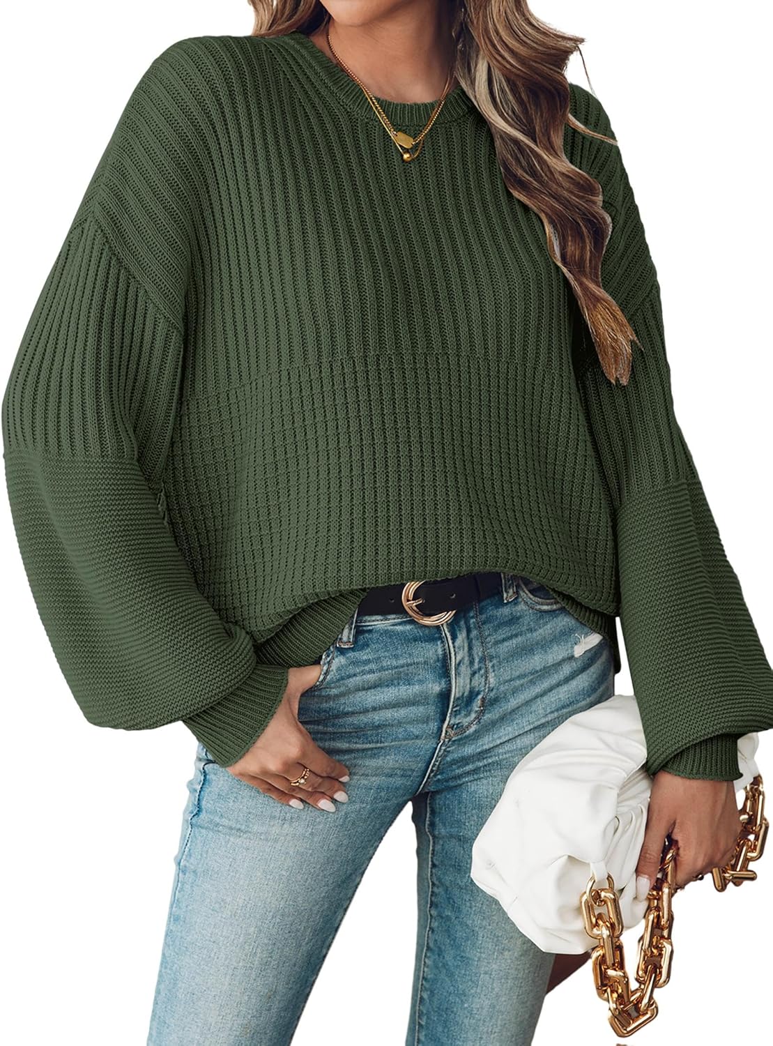 SunnyMelody Womens Oversized Batwing Sleeve Sweater Winter 2025 Trendy Ribbed Waffle Knit Crewneck Pullover Tops