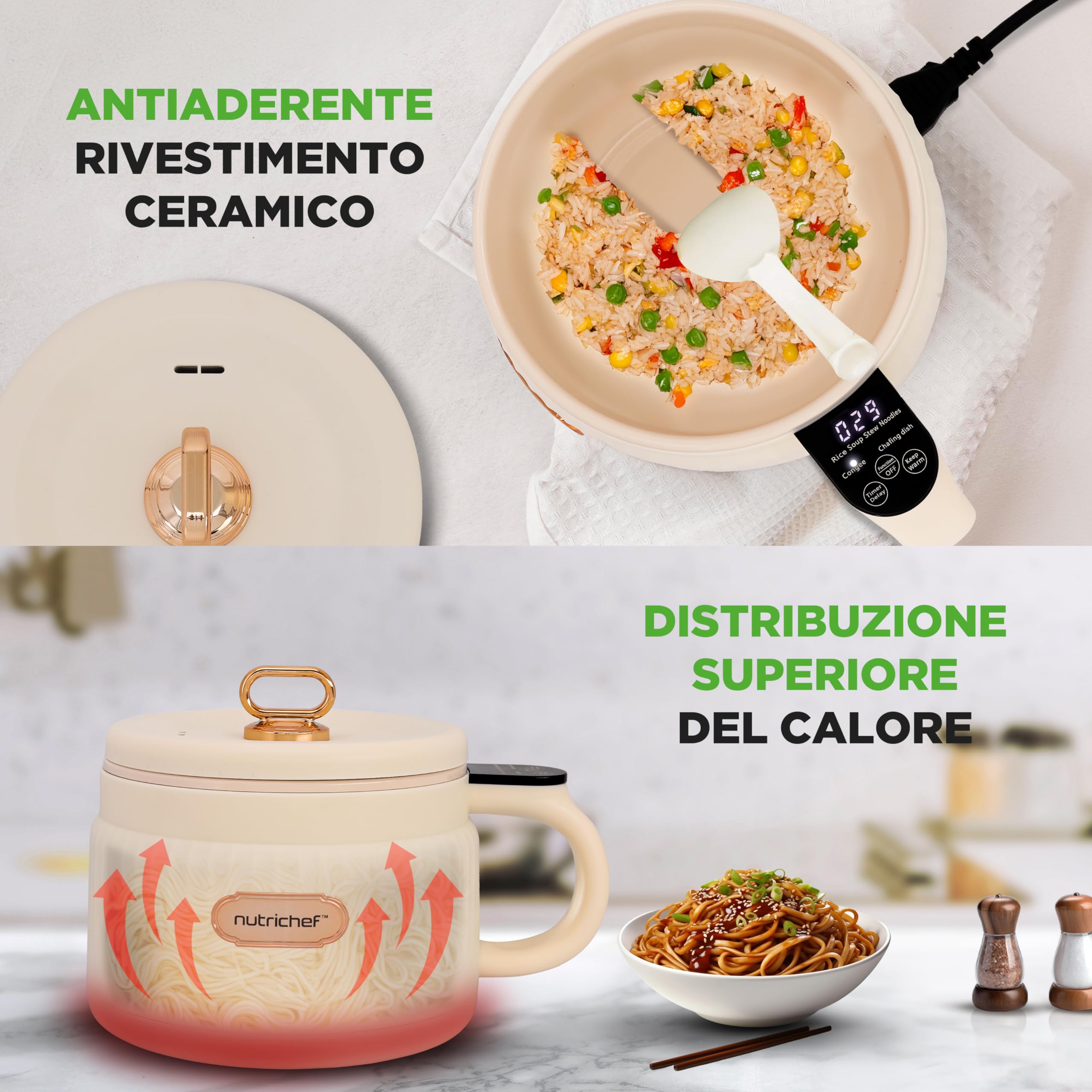 NutriChef Cuoci Riso Elettrico 1,5 Litri, Multi-Funzione con Rivestimento Antiaderente in Ceramica, Pannello Digitale, 6 Funzioni: Riso, Zuppe, Stufati, Porridge Istantaneo, Bianco