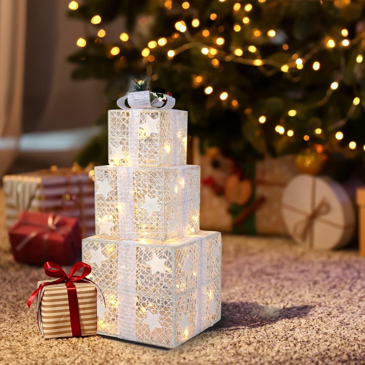 VINGLI Juego de 3 cajas de regalo iluminadas de Navidad, a prueba de clima, cajas de regalo anidadas, decoración del hogar, 60 luces LED, lazo