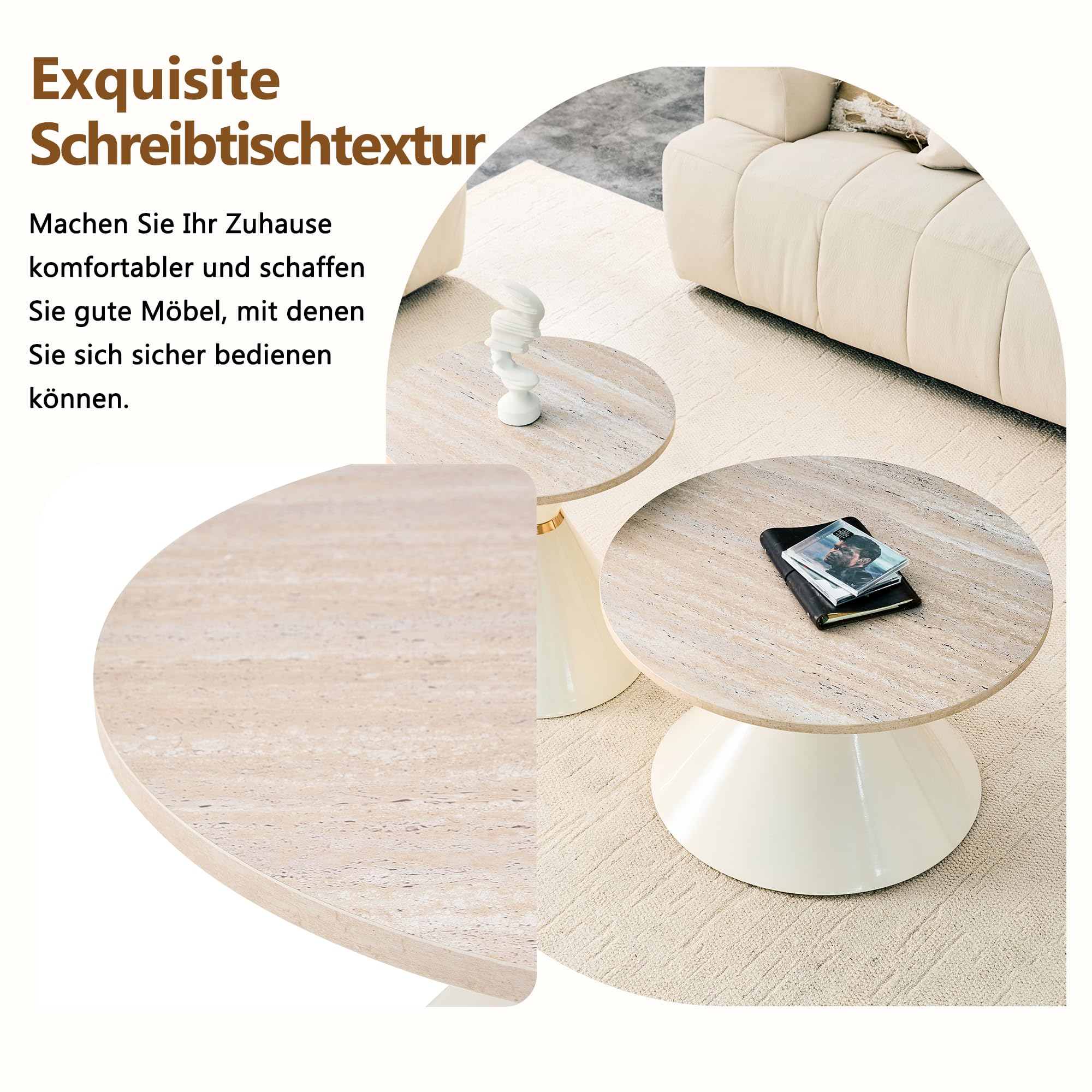 2er Set Runde Couchtische mit Steinoptik(Beige) | Modernes Couchtisch- und Beistelltisch-Set – ideal für Wohnzimmer, Schlafzimmer, Balkon, Empfangsbereich und Büro.