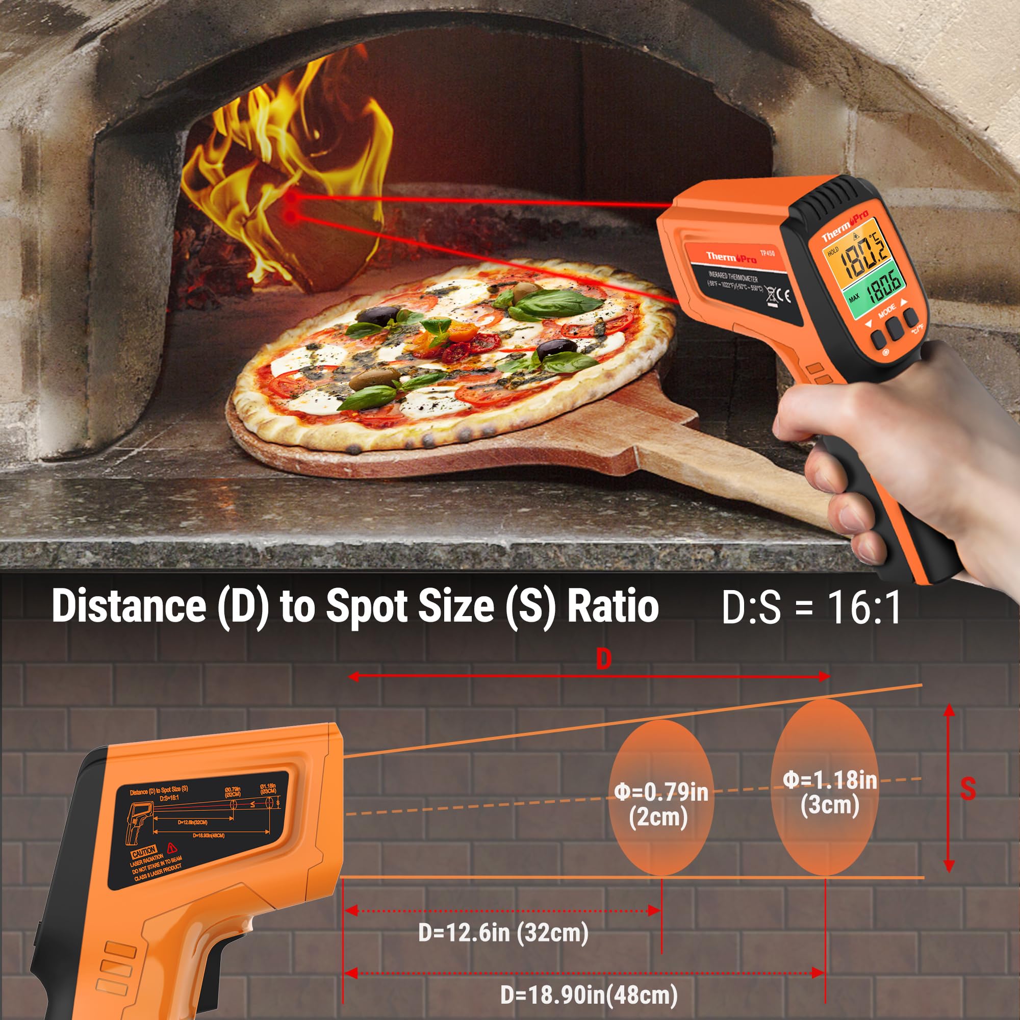 ThermoPro TP450 Pistolet de Température Double Laser pour la Cuisson, Thermomètre Infrarouge Numérique pour Four à Pizza, Pistolet Thermomètre Laser -50 ℃ à 500 ℃ (pas pour les humains)