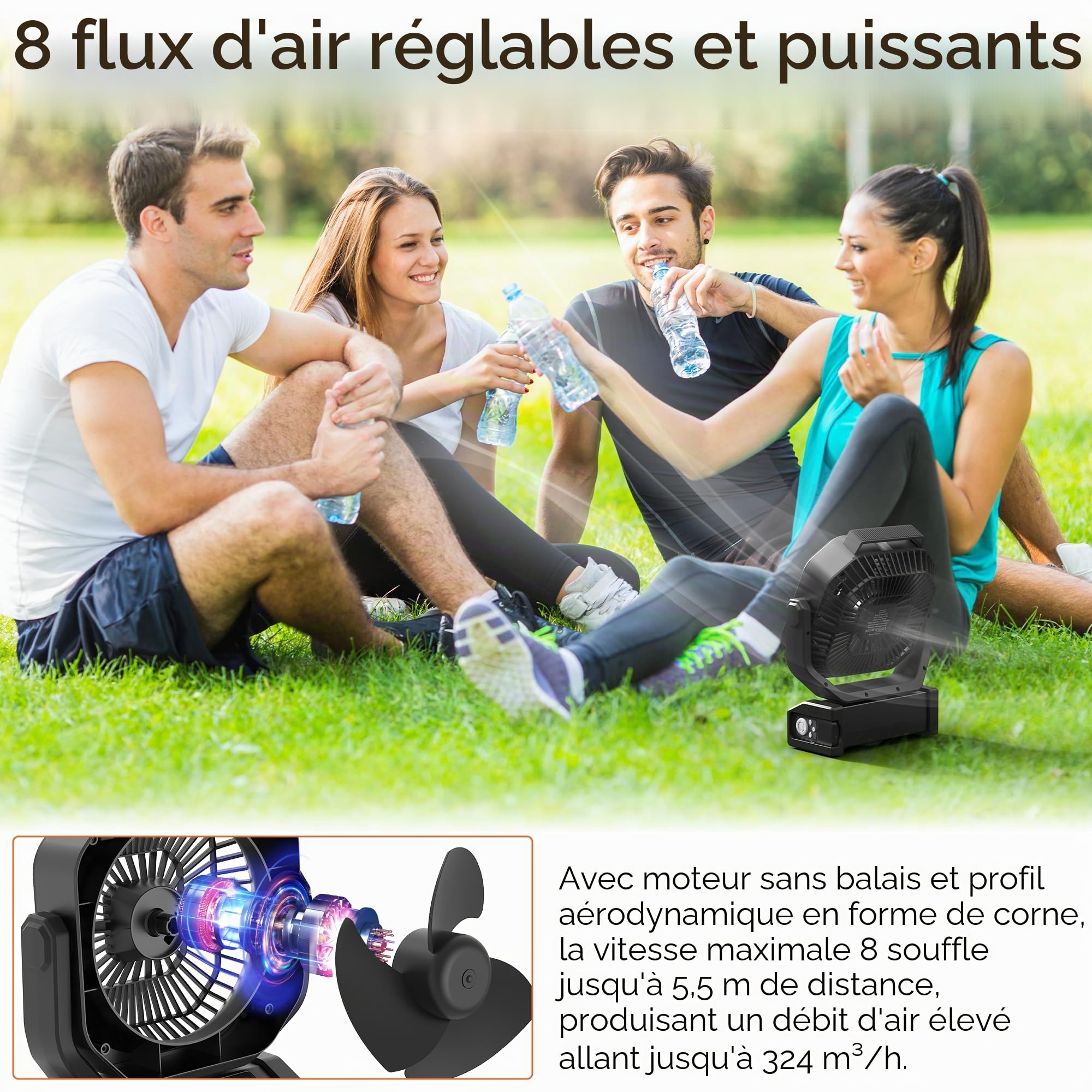 Ventilateur de camping avec lumière, 20 000 mAh, 112 heures d'autonomie maximale, 9 vitesses, minuterie, oscillation automatique -D22