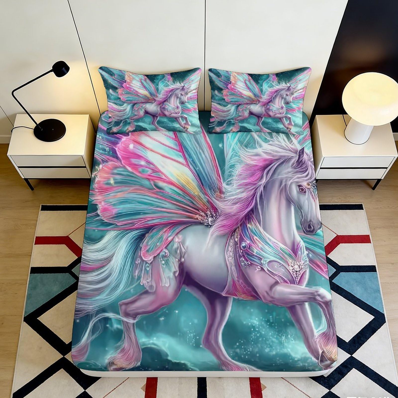3D Printed Fantasy Pegasus Butterfly Fitted Sheet Microfiber Soft Mattress Cover for Bedroom Dorm Protector Decor 180x200x25cm