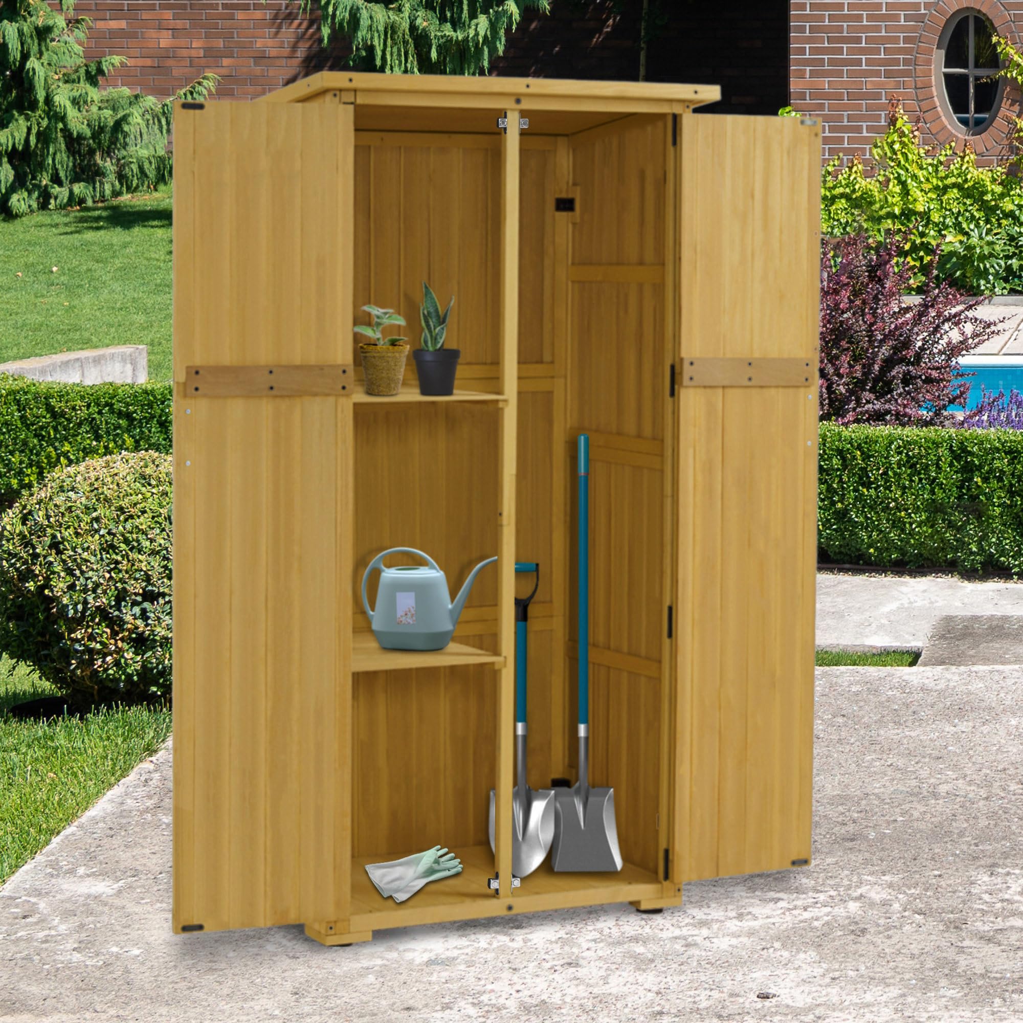 M MCombo Gartenschrank Holz, Gartenhaus Klein Wetterfest, Outdoor Gerätehaus Geräteschuppen, für Außenbereich Balkon Terrasse, 0878-F (Natur)