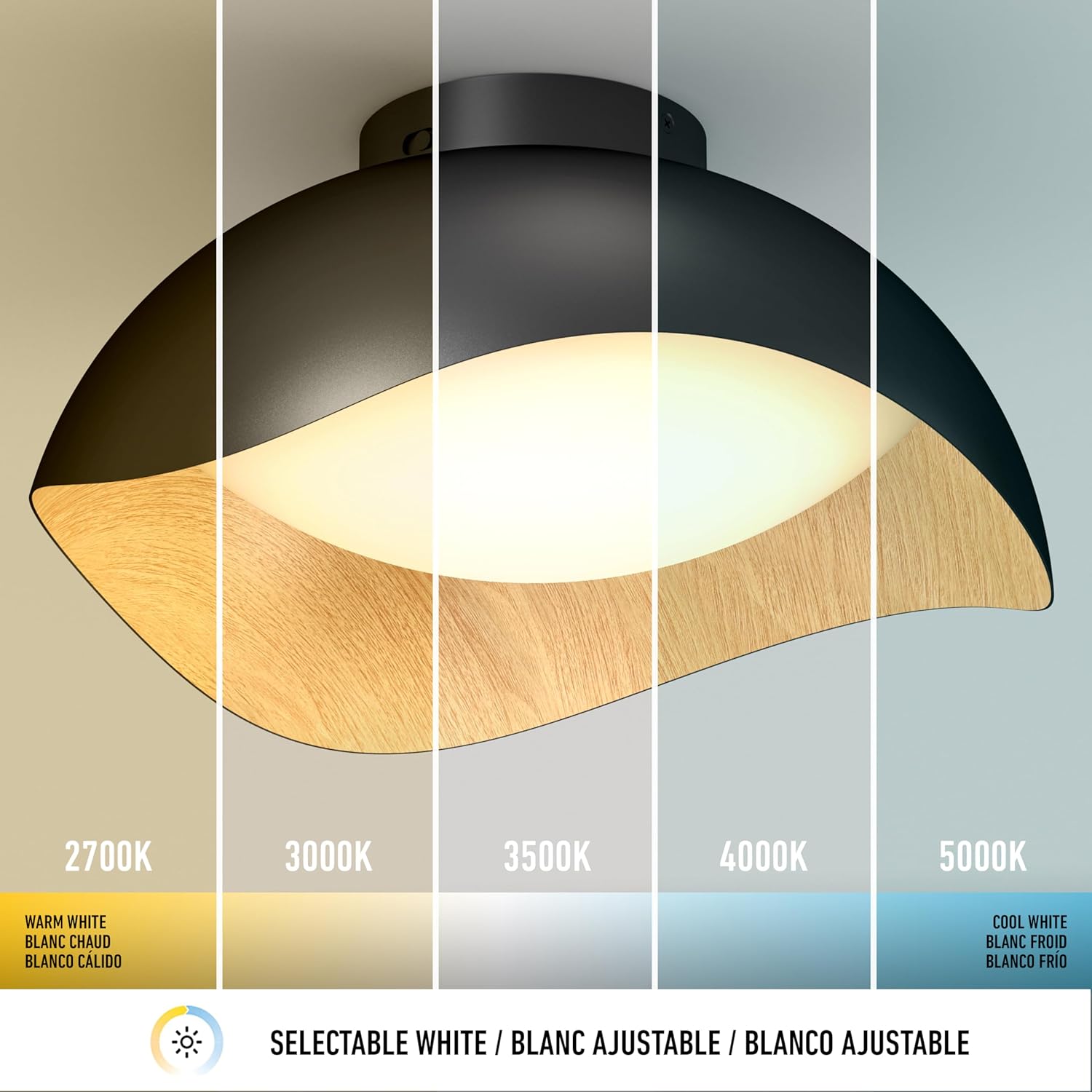 artika Adara Modern Flush Mount Ceiling Light Fixture, Black and Wood Finish