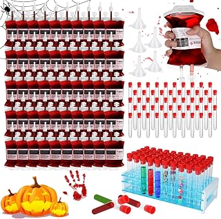 105 Pcs Halloween Blood Bags for Drinks Halloween Party Supplies IV Bags for Drinks with 50 Test Tubes and Holder, Reusable Drink Pouchs for Halloween Vampire Party Nursing Graduation Party Supplies