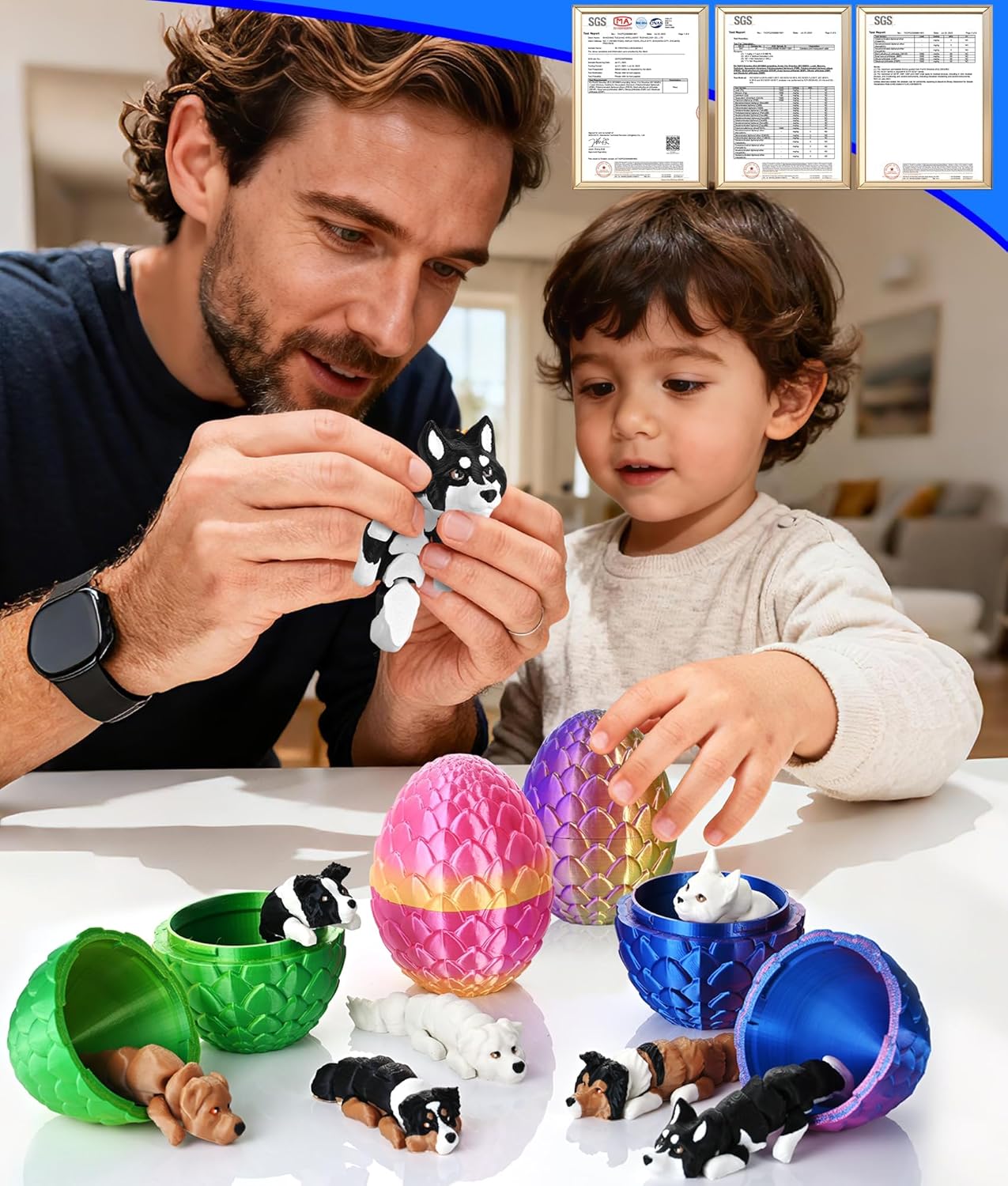 GemmiCho 3Pcs 3D Printed Dog with Egg, 3D Printed Animals Mystery Box, Articulated Flexible Cute 3D Animal Toys with Blind Box for Boys Kids Teen 5-7 4-6 8-12