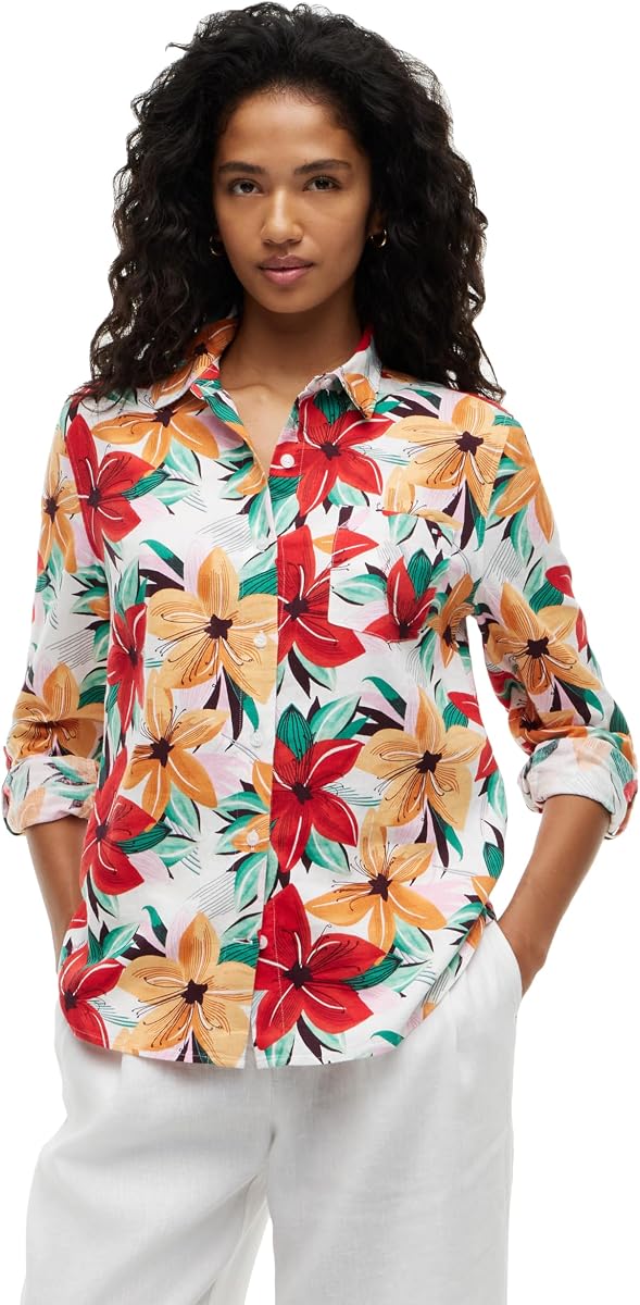 Tommy Hilfiger Women's Lightweight Linen Long Sleeve Button Down Shirt in Regular Fit with Roll Up Sleeve Linen Blouse