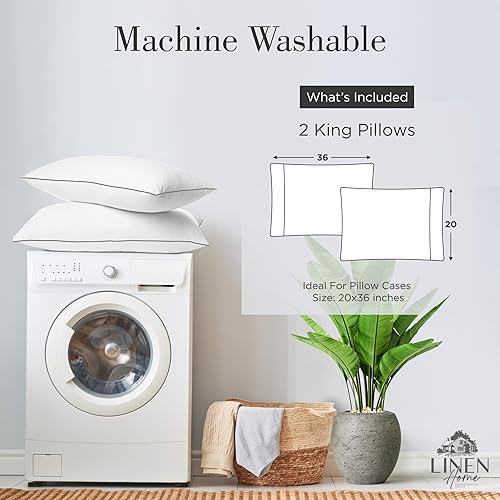 Miniatura 6 de Linen Home Juego de 2 almohadas alternativas de plumón con ribetes grises, almohadas de cama para dormir boca abajo y de espalda, almohadas
