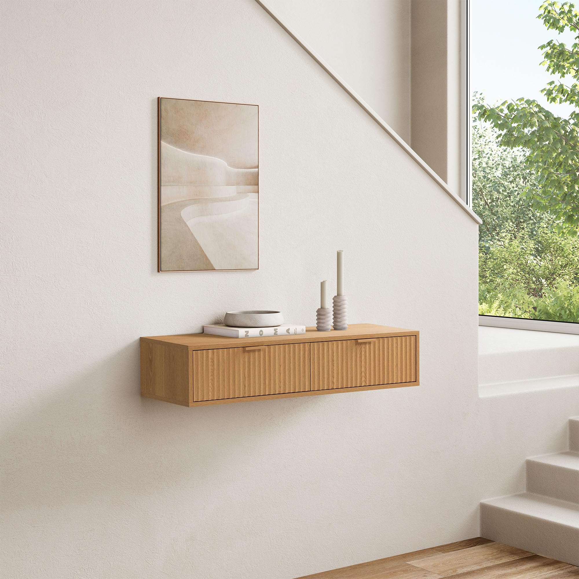 HOMN LIVING Consolle sospesa per ingresso Lluvia 2 cassetti colore Rovere, 100 cm (Larghezza) 30 cm (Profondità) 20 cm (Altezza)