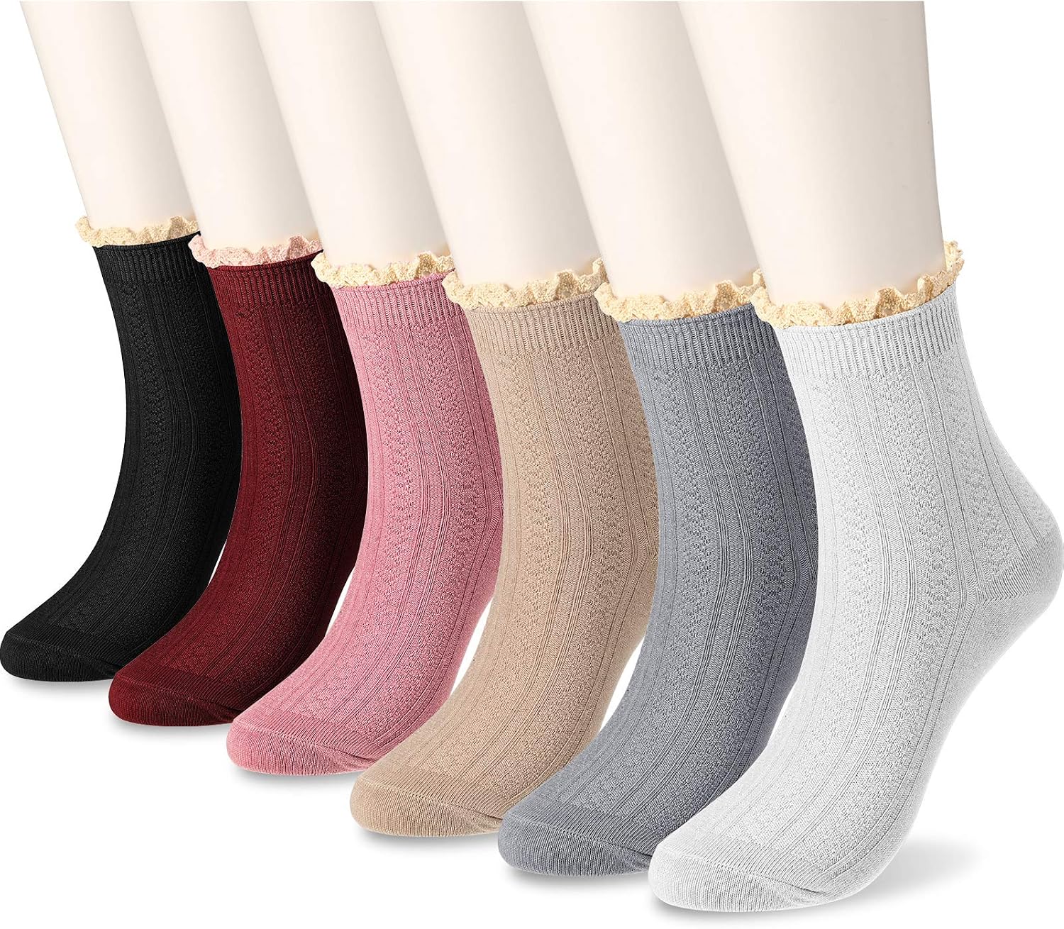 6 Pairs Women's Ankle Socks Lace Ruffle Frilly Ankle Socks Vintage Cute Trim Ankle Crew Socks Cotton Knit Socks