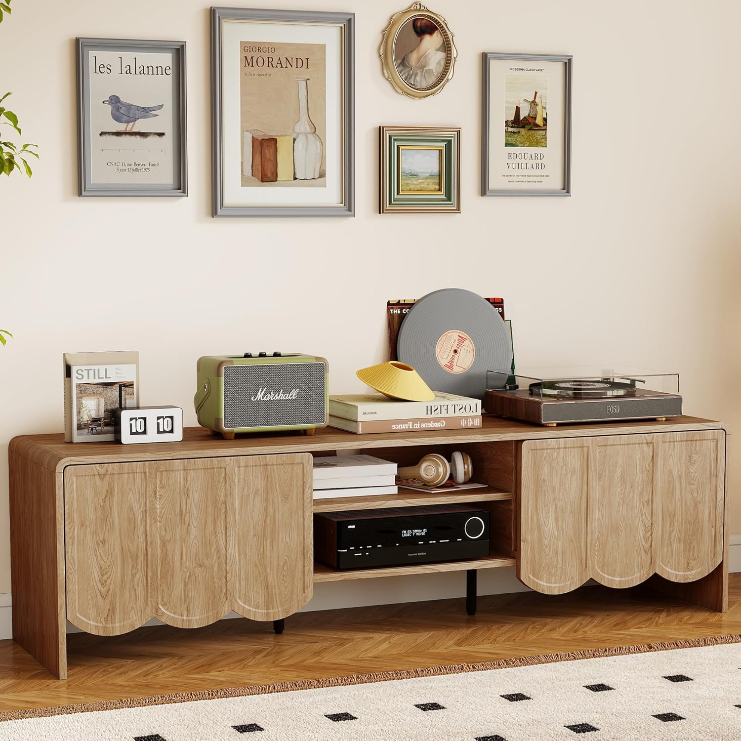 Modern 63" TV Stand, Wood Entertainment Center with Sliding Doors, Media Console for TVs Up to 70", TV Stand for Living Room, Natural