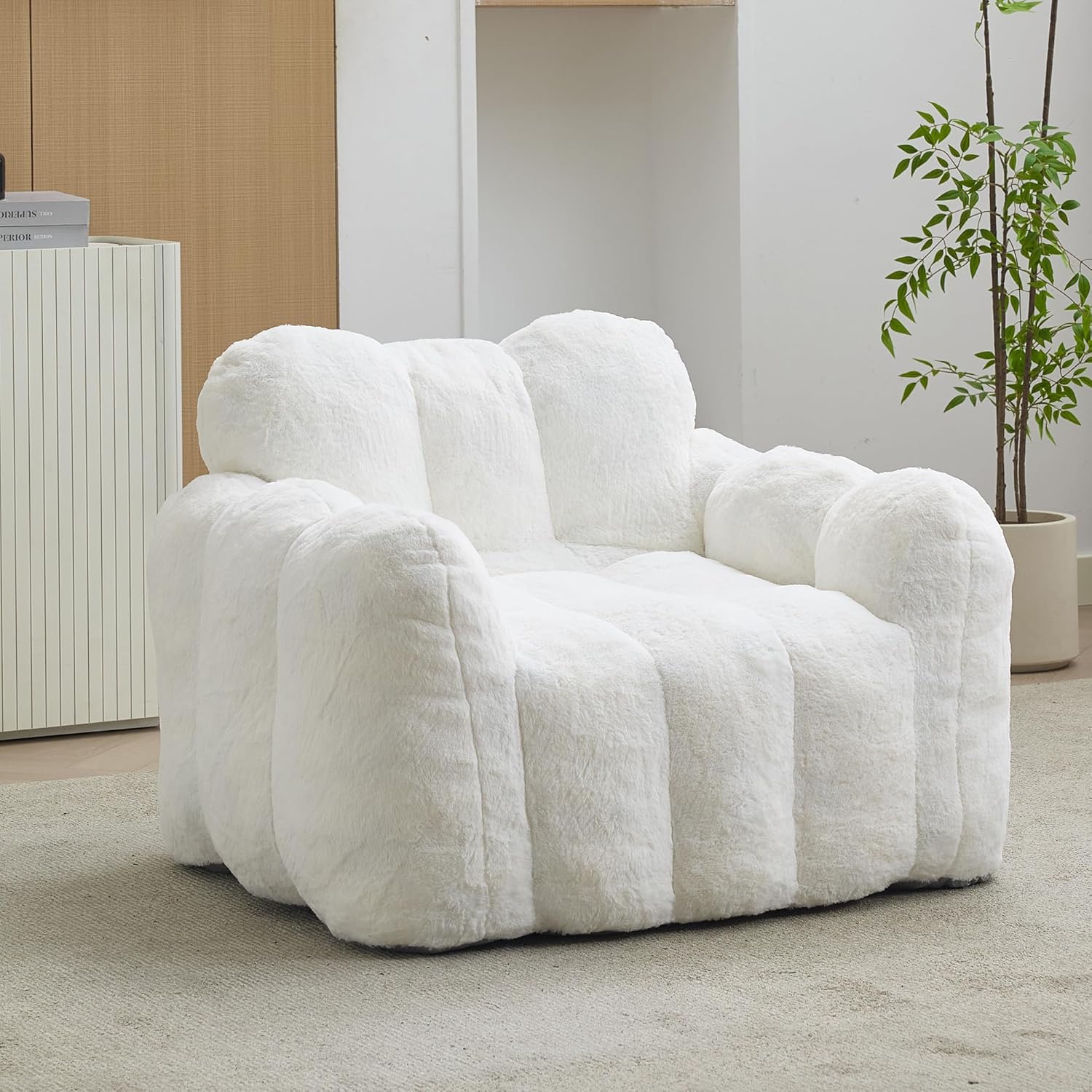 Petal Shaped Bean Bag Chair for Adults, Foam Filled Floor Sofa Chair with Armrests, No Assembly Compressed Couch with Handle, Lazy Lounge Chair for Living Room Bedroom, White