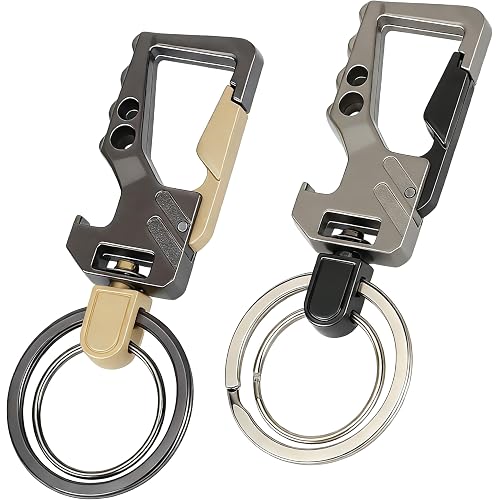 ecocstm 2 PCS Key Chain, Carabiner Clip Car Key Chains, Car Accessories Heavy Duty Tactical Key Chain with Bottle Opener and 2 Key Rings for Men and Women (Black and Silve)