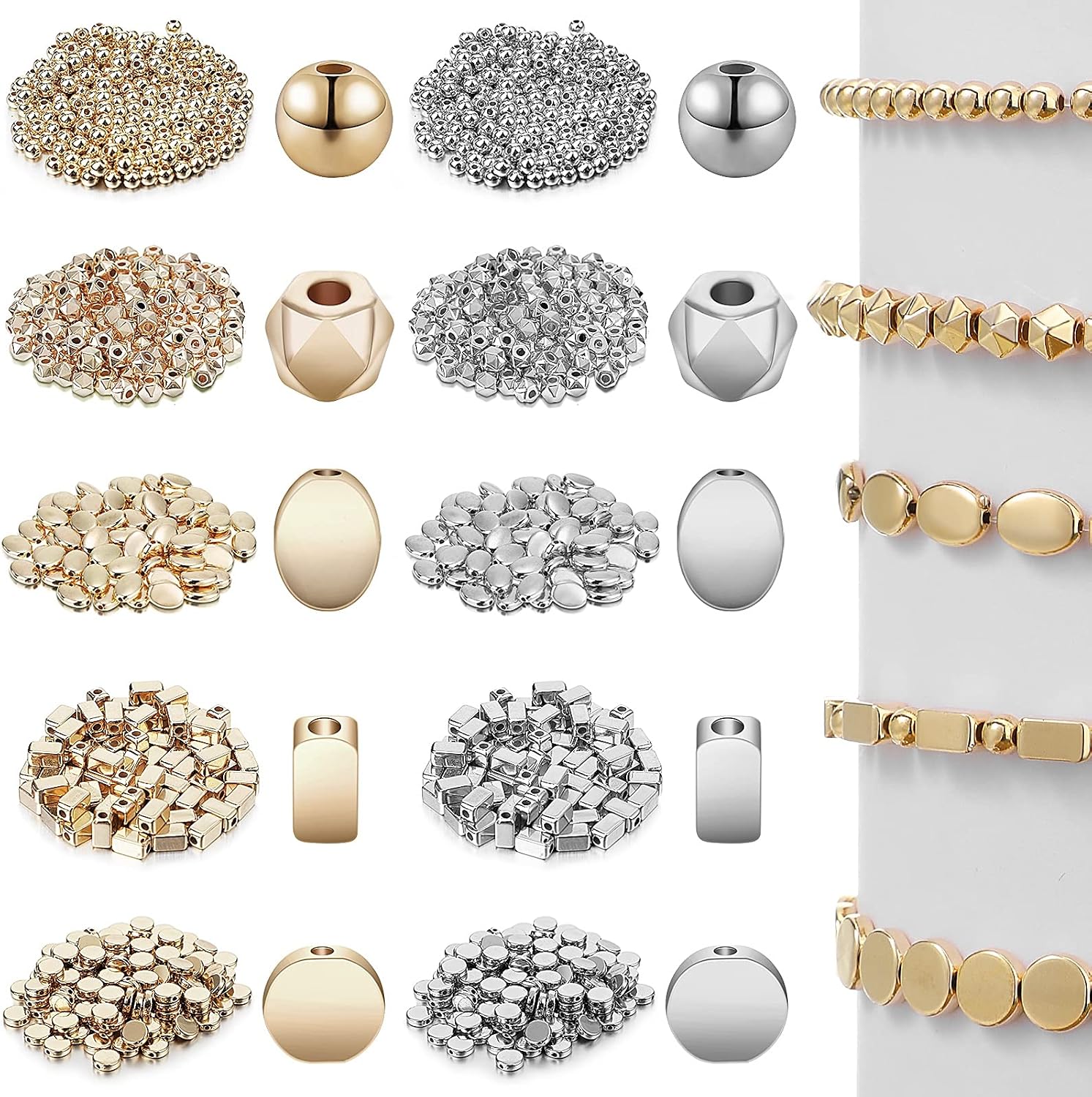 1800 Pieces Gold Beads for Jewelry Making Assorted Spacer Beads Rondelle Shape Cube Beads Tube Column Beads Flat Disc Loose Beads Round Ball Beads for Earring Bracelet Necklace (Gold, Silver)